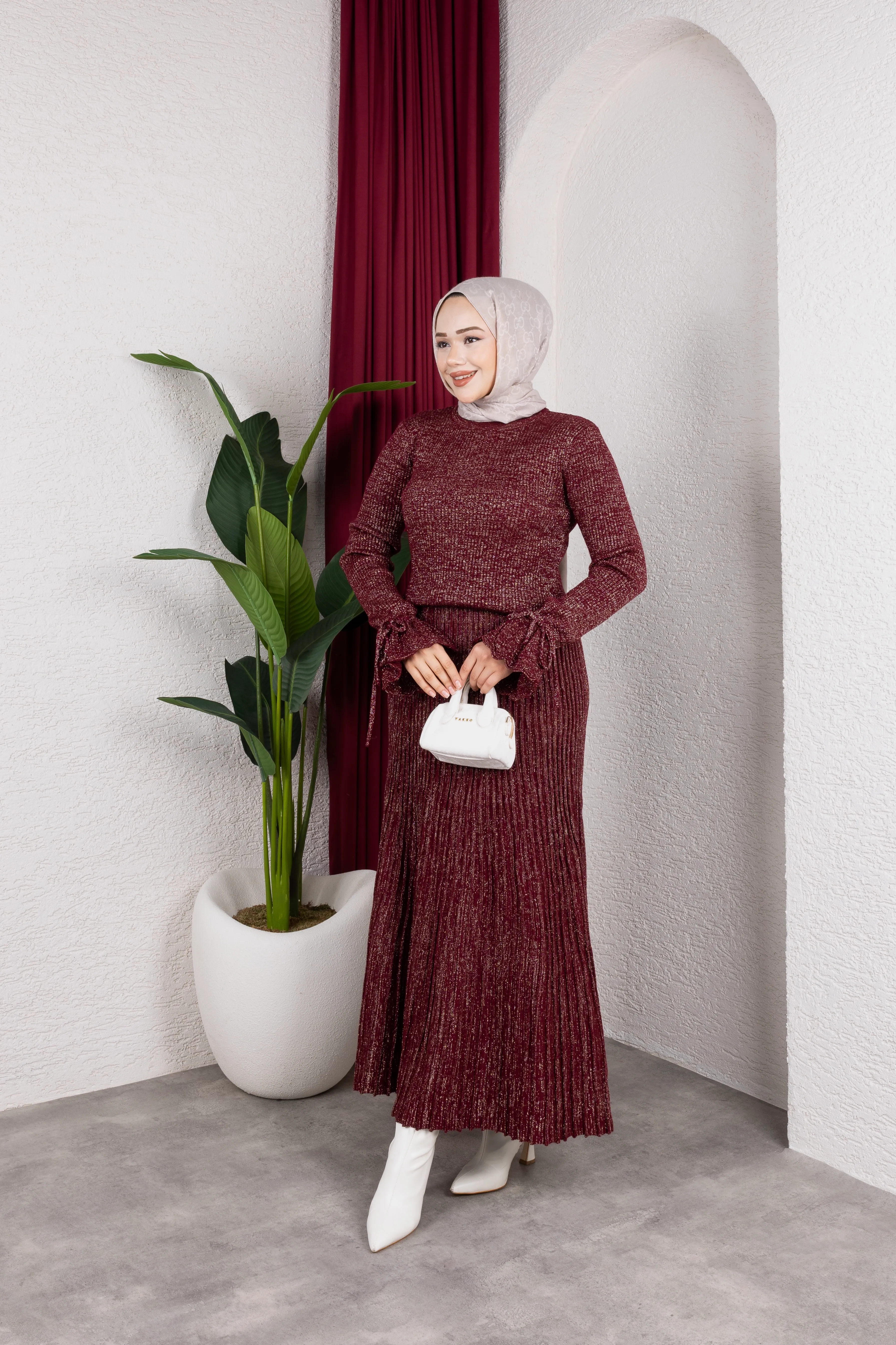 Simli Etekli Triko Takım Bordo