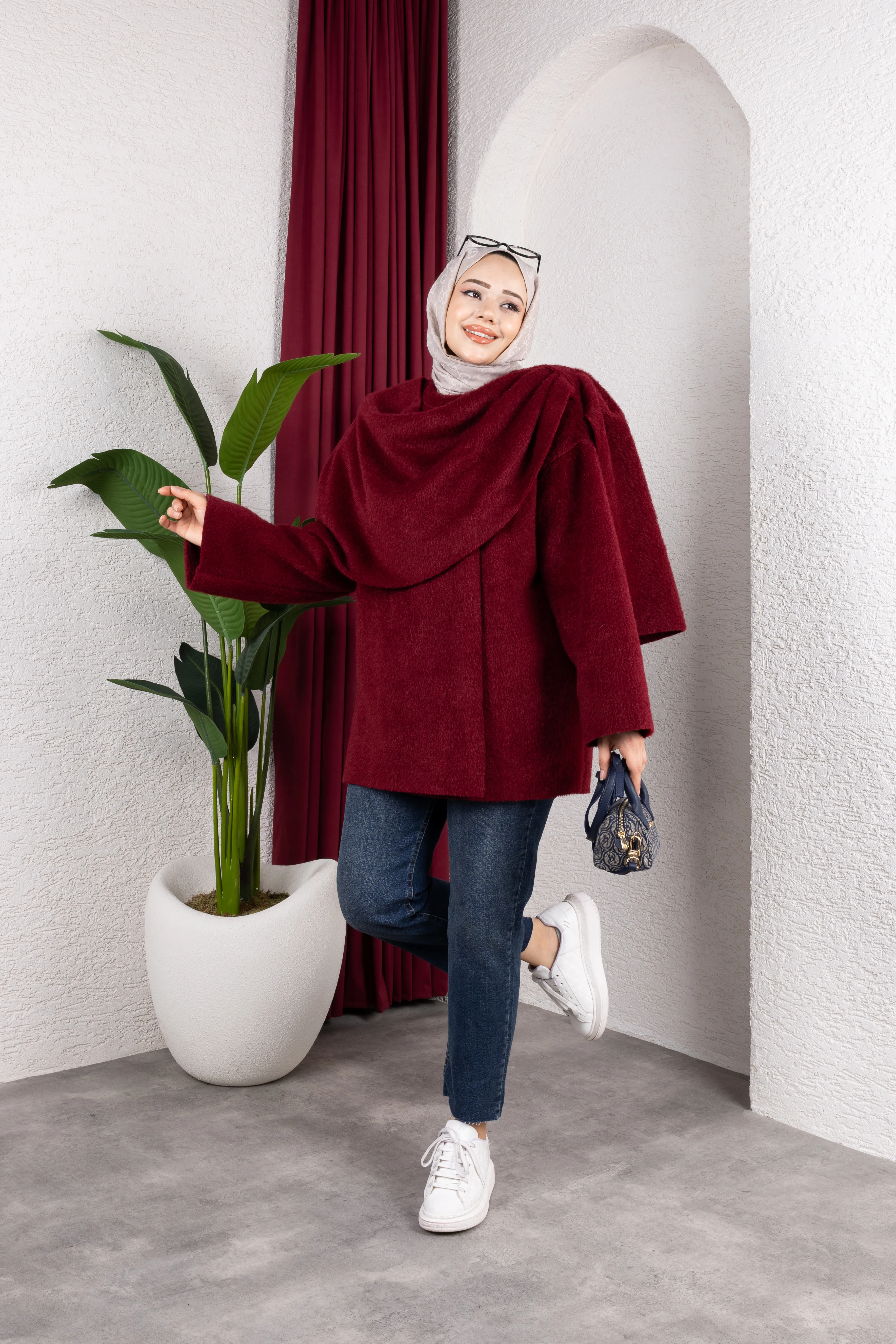 Eva Şal Yaka Kaban Bordo