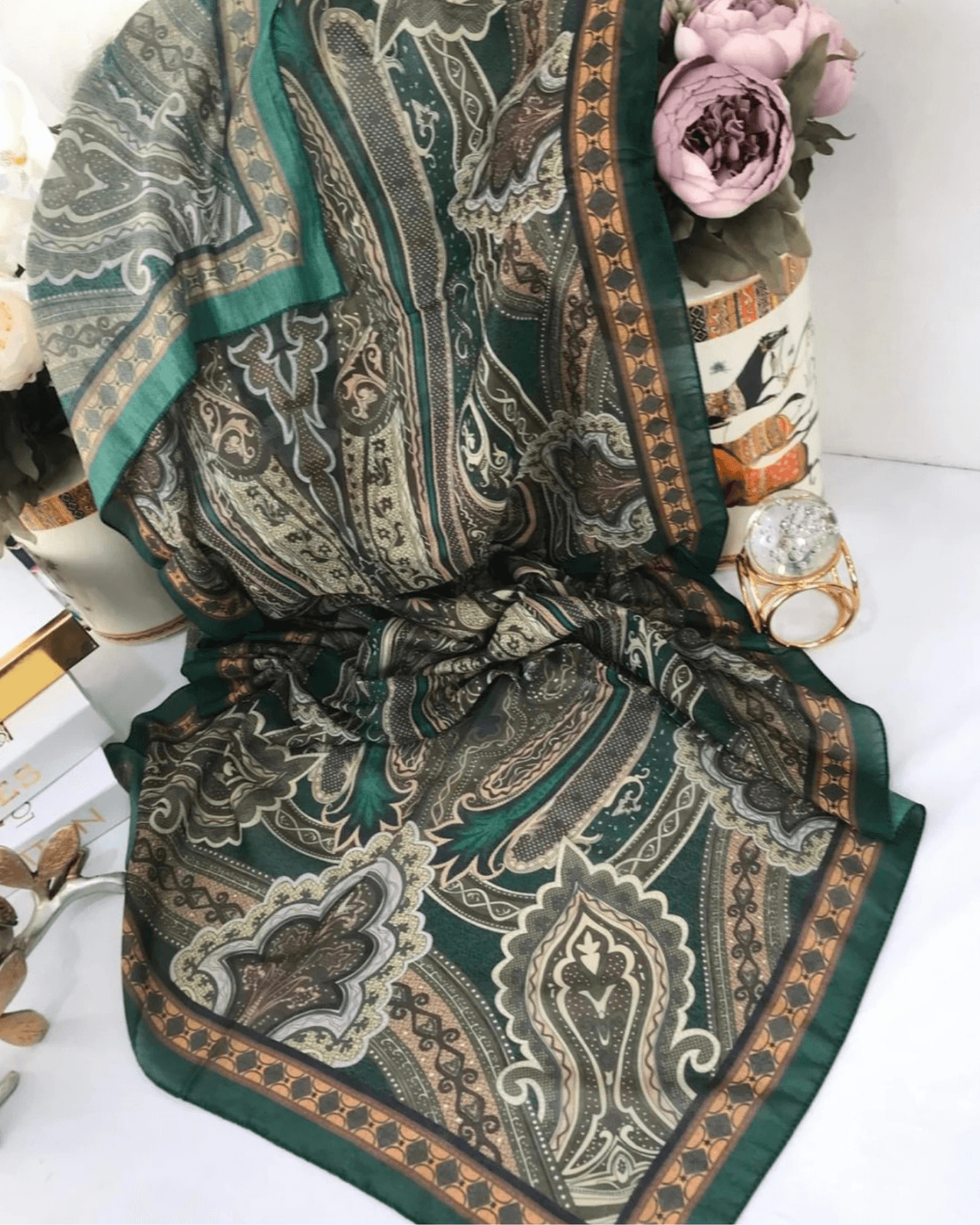 Etro Desen Yeşil Füme Pamuk İpek Şal 
