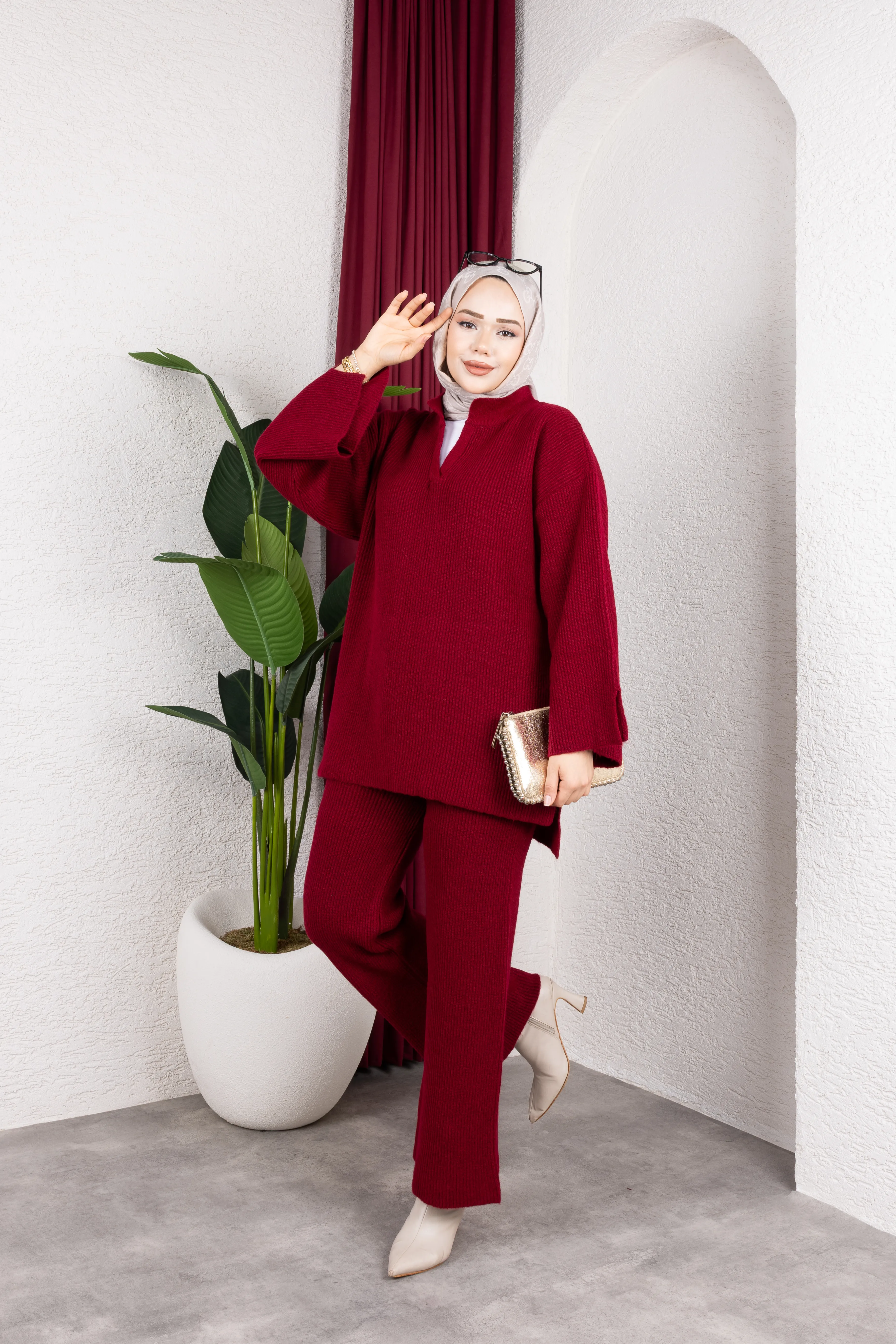 V Yaka Premıum Pantolonlu Takım Bordo