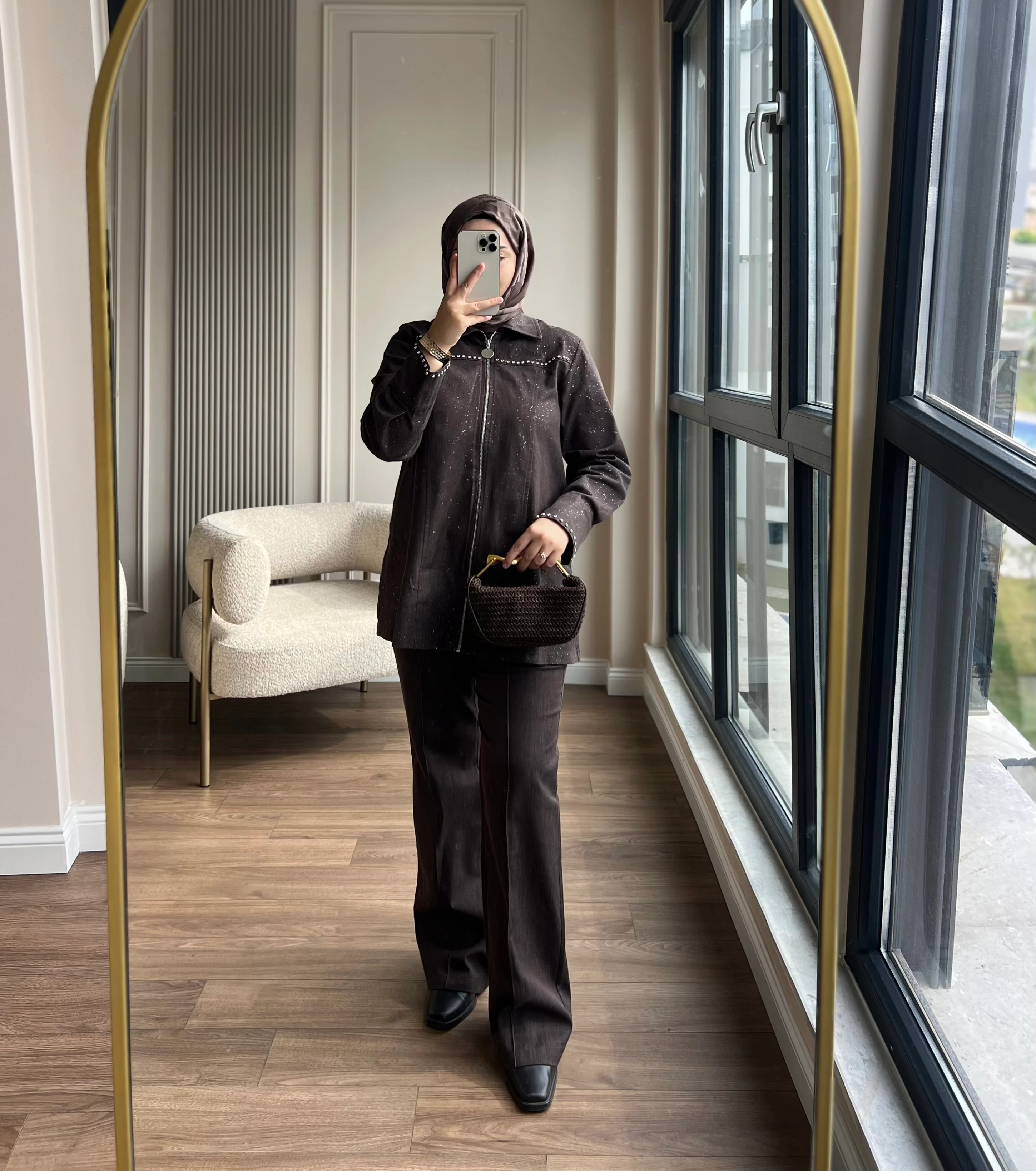 Taşlı Kot Takım Kahverengi 