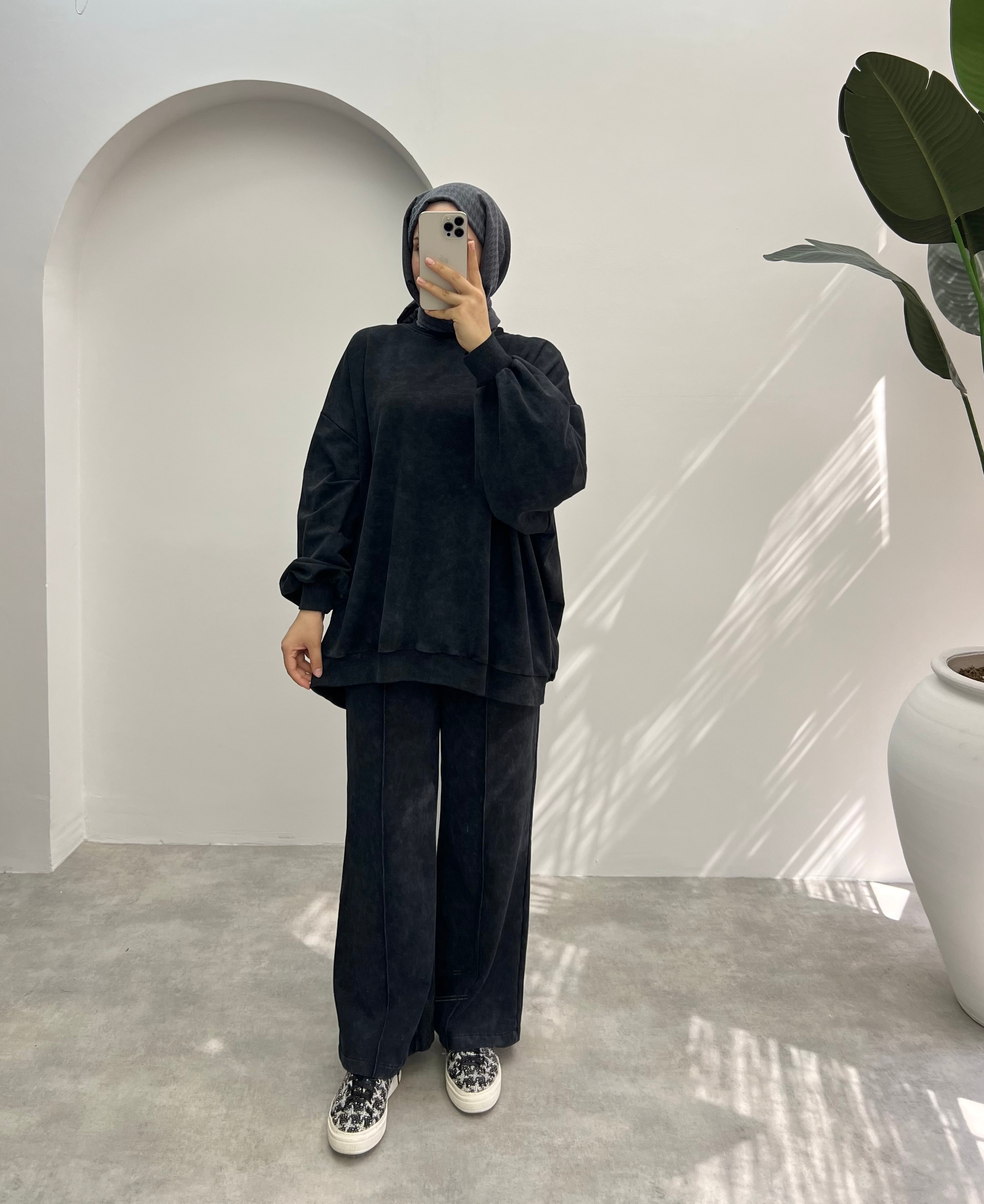 Batik Desen Oversize Pantolonlu Takım Antrasit