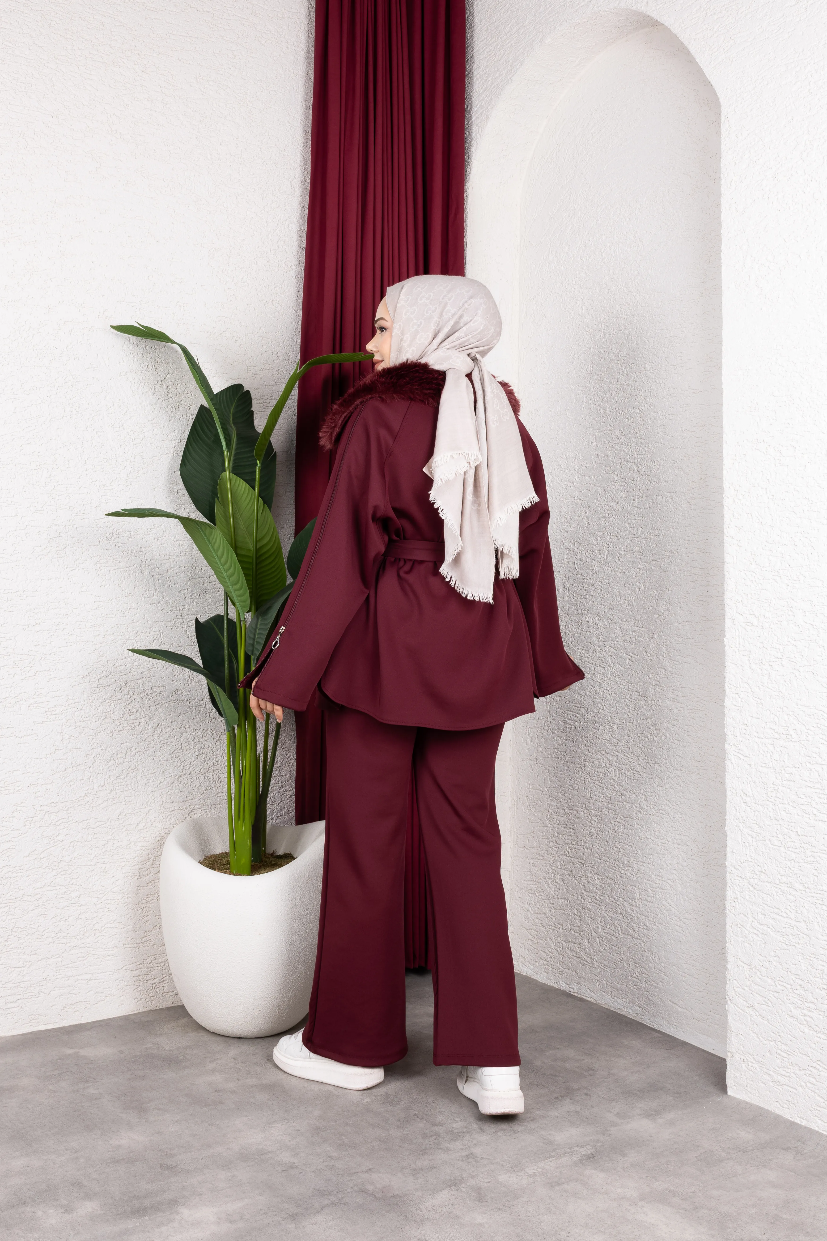 Kürklü Ceket Takım Bordo