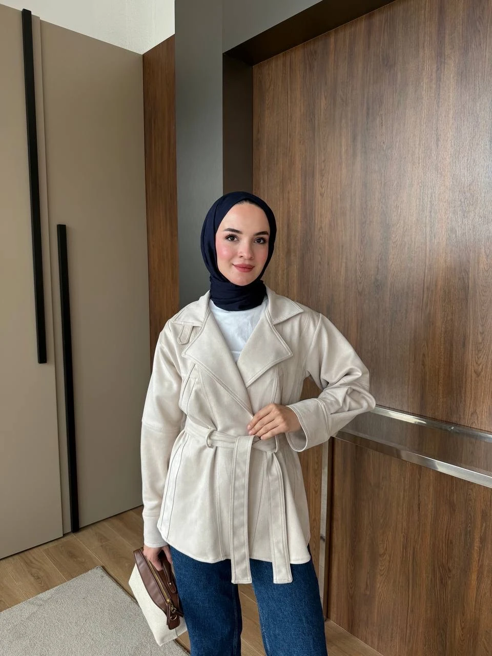 Süet Uzun Trench Taş 