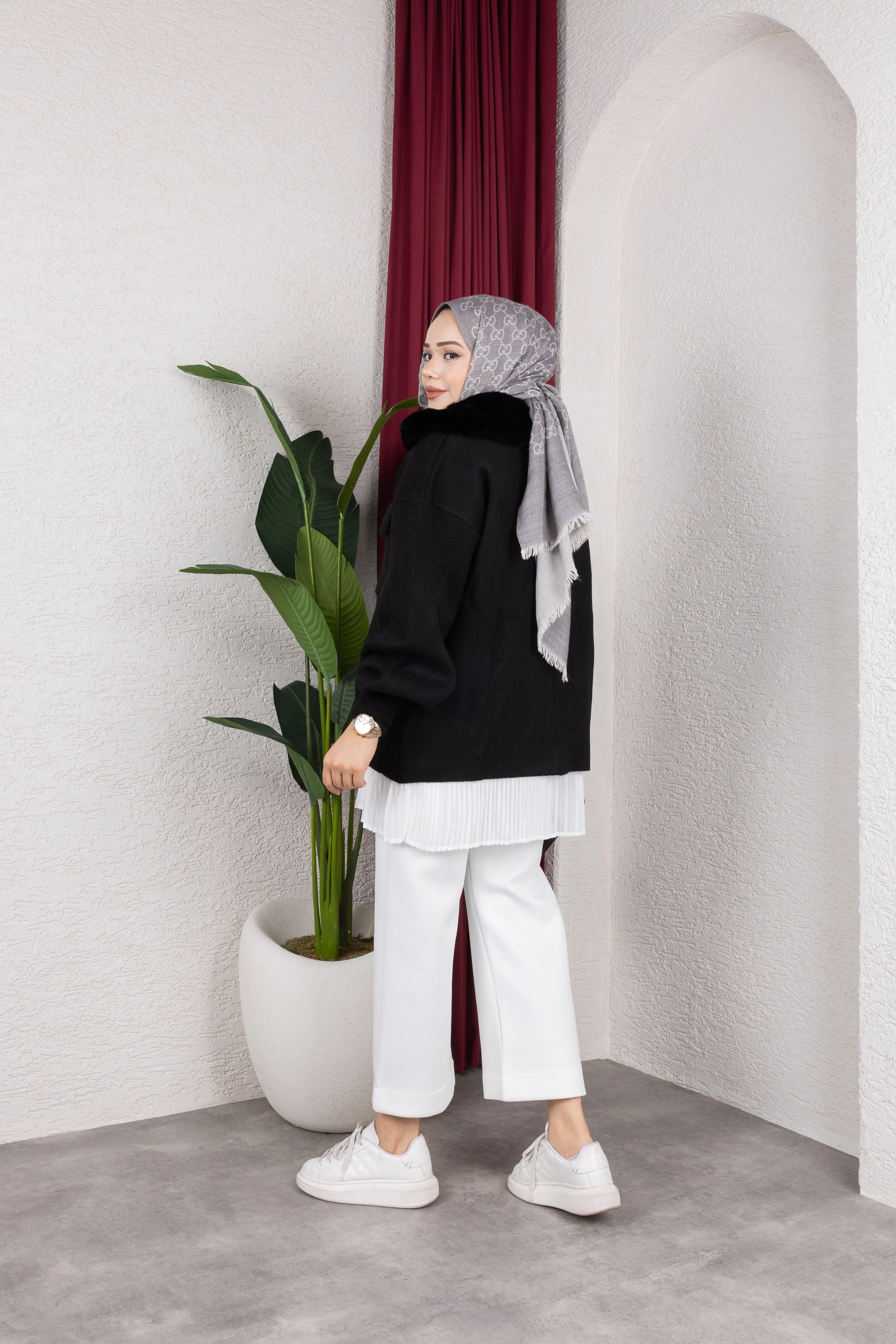 Kürklü Çift Fermuarlı Ceket Siyah