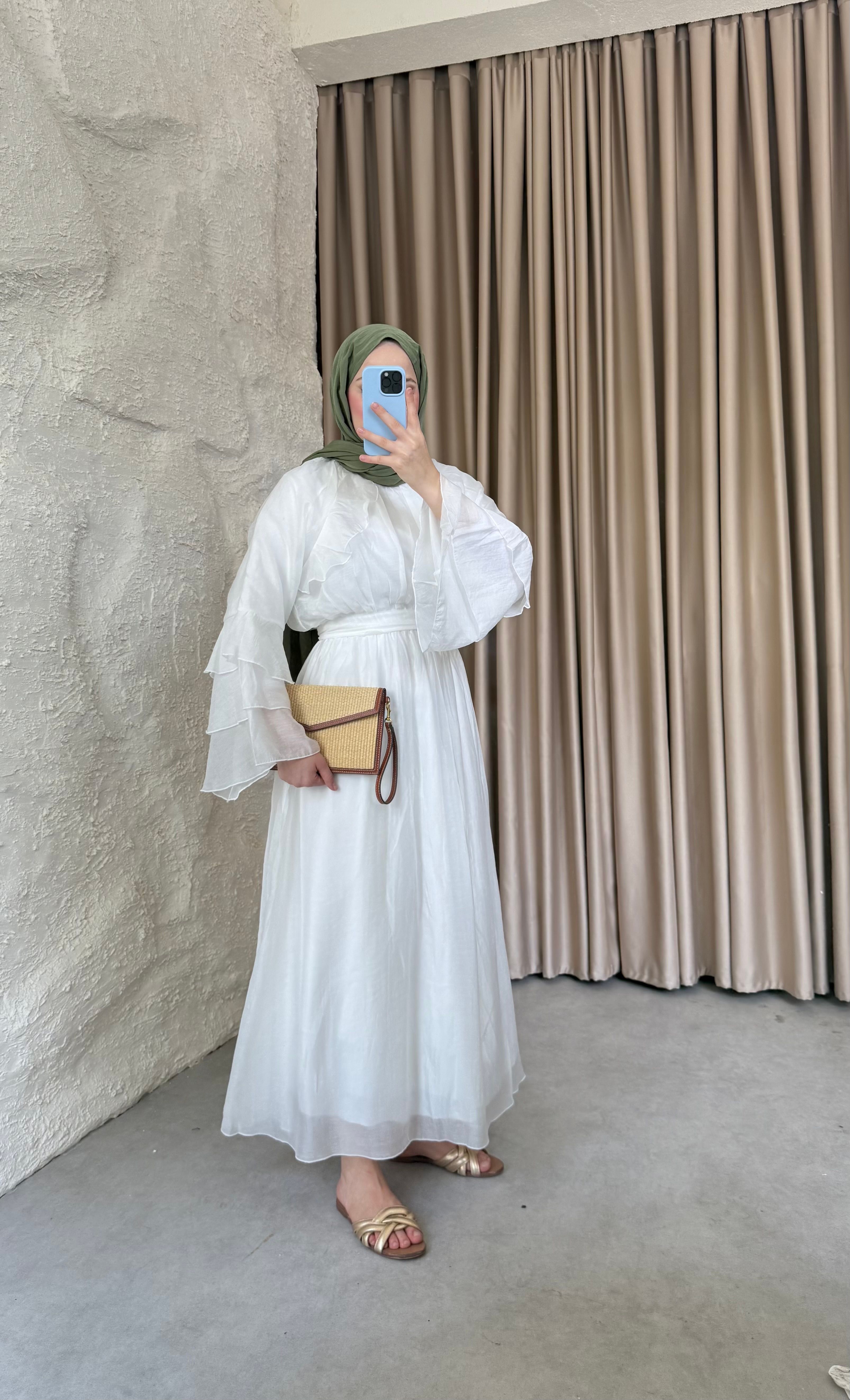Kolları Volanlı Modal Tül Elbise Beyaz 