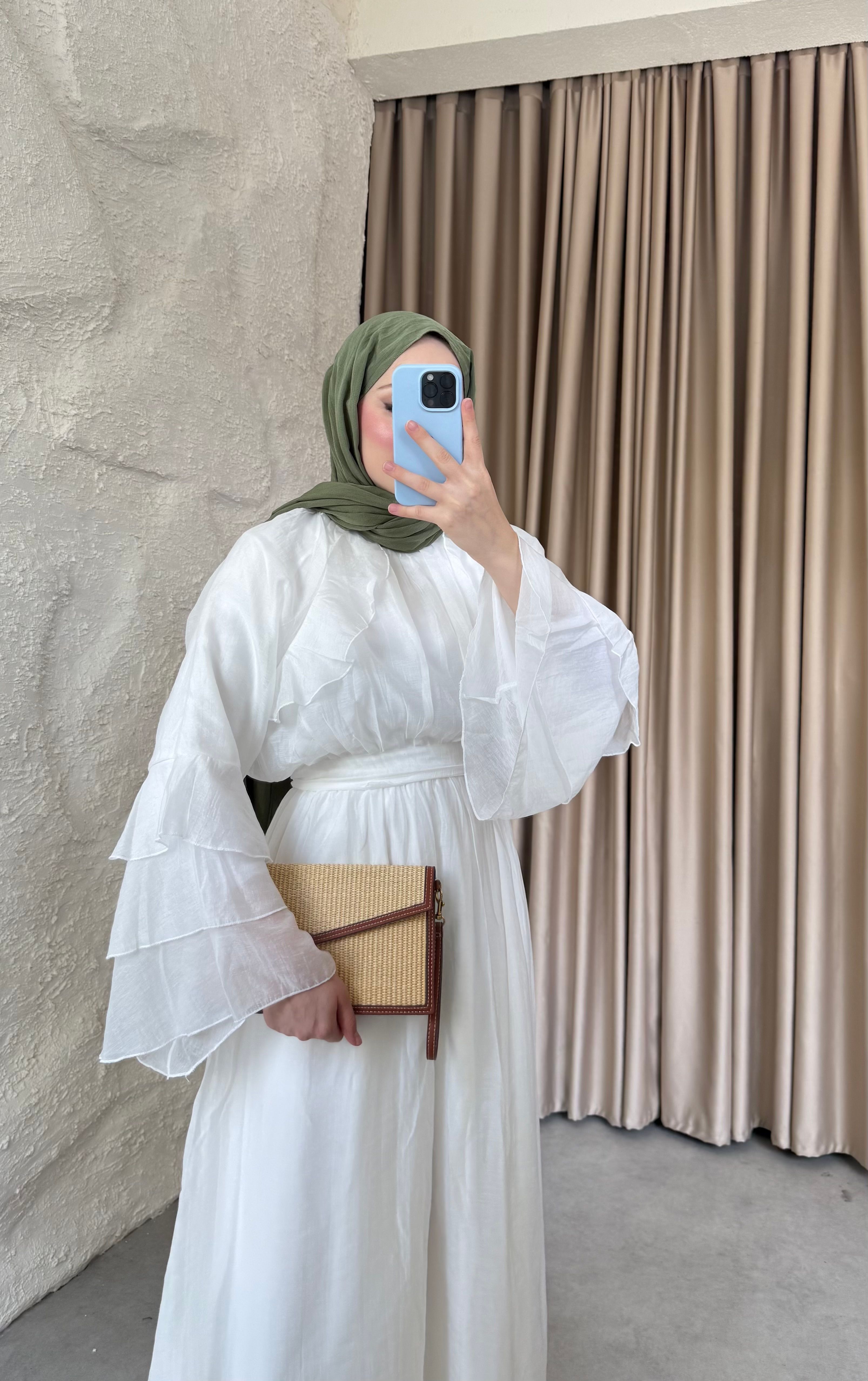 Kolları Volanlı Modal Tül Elbise Beyaz 