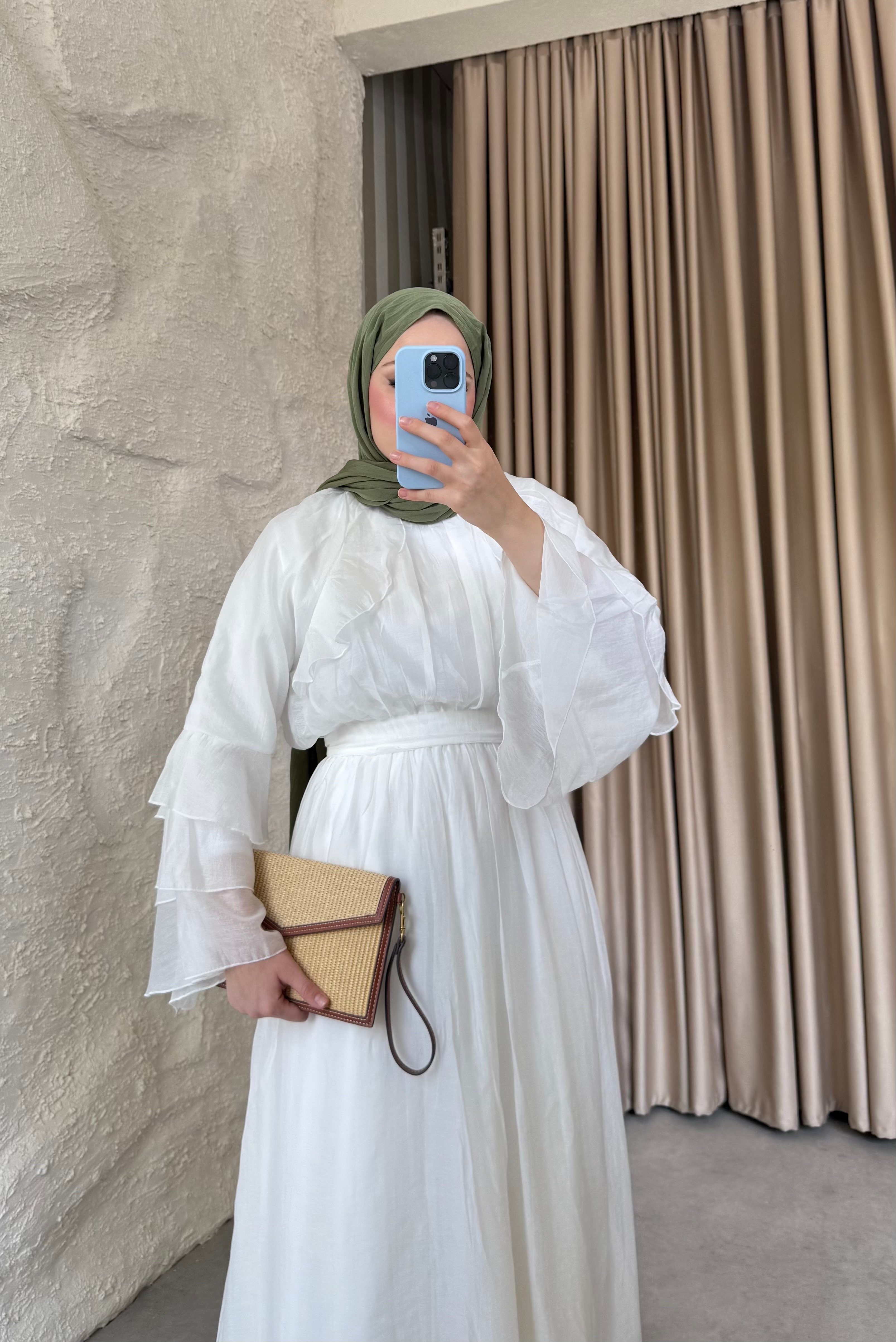 Kolları Volanlı Modal Tül Elbise Beyaz 