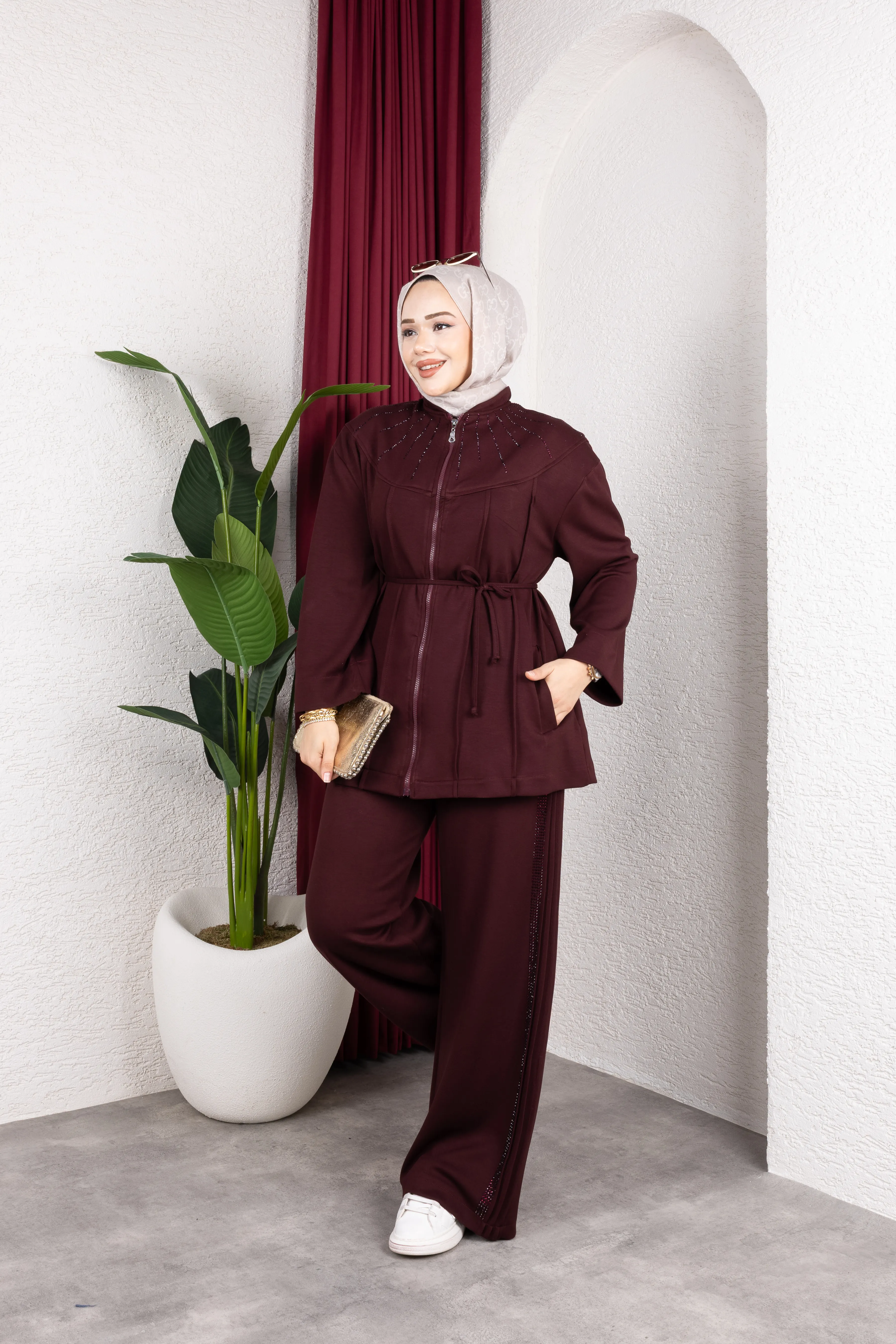 Alena Taşlı Takım Bordo