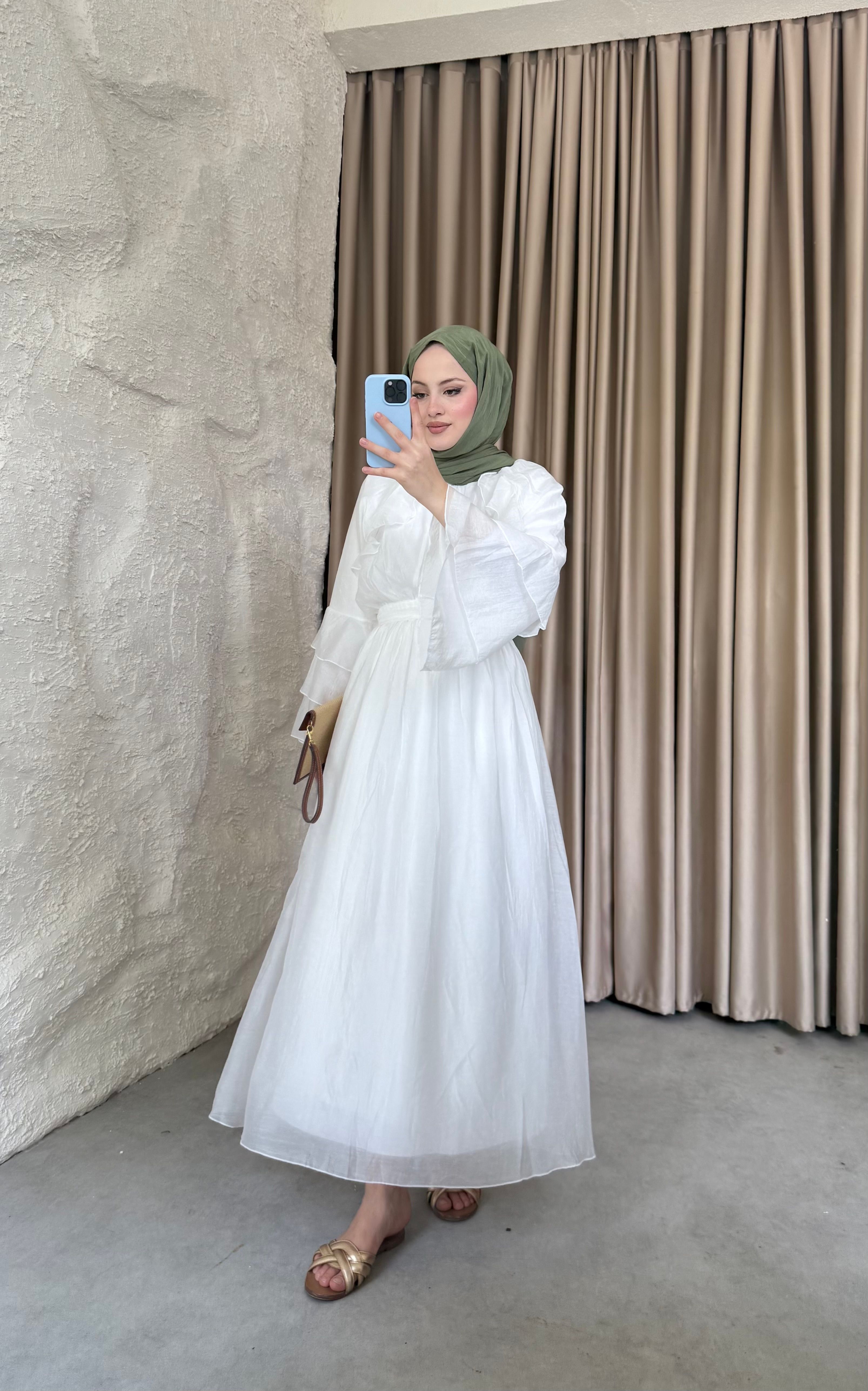 Kolları Volanlı Modal Tül Elbise Beyaz 