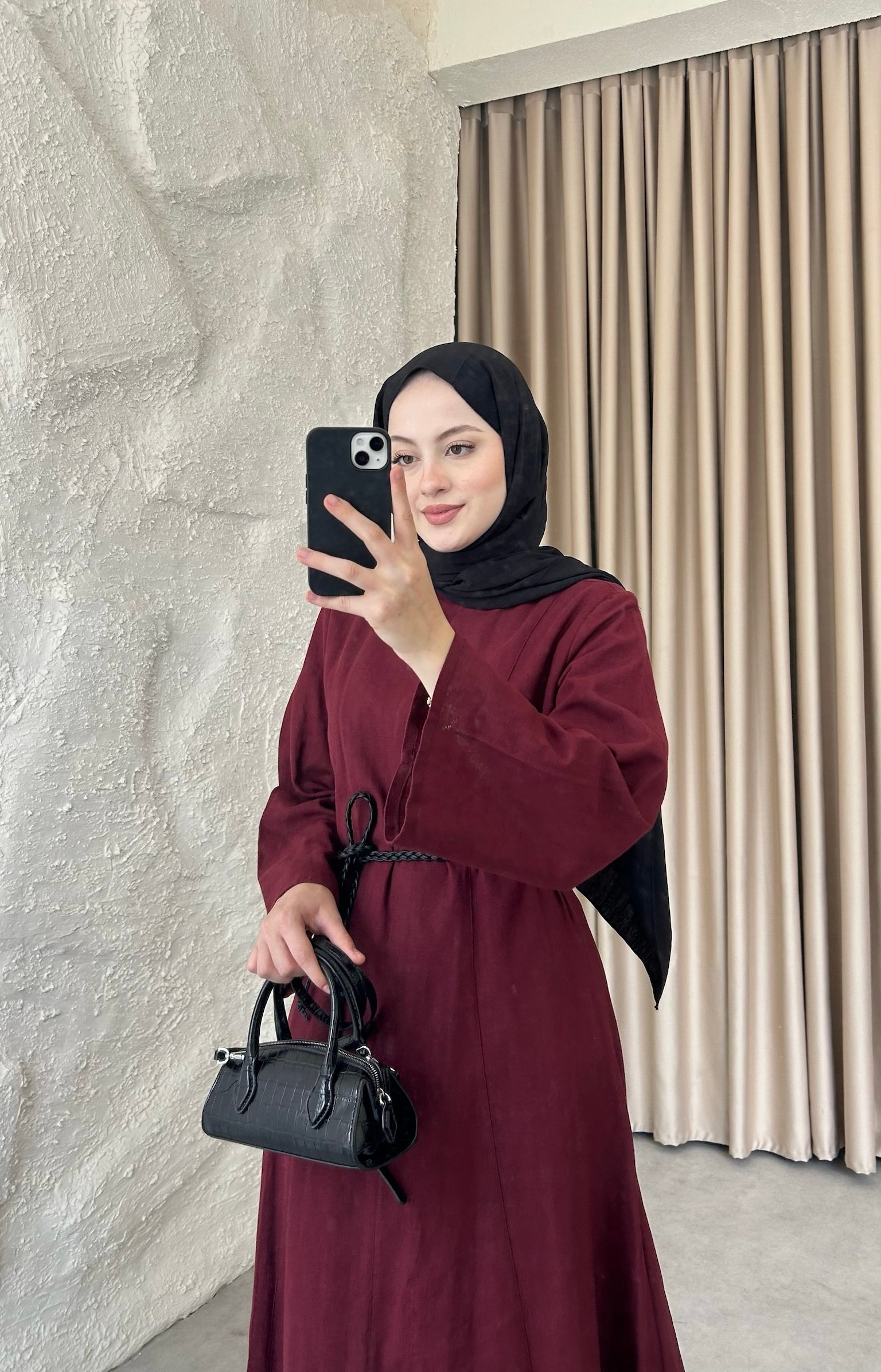 Keten Kemerli Bel Oturtmalı Elbise
