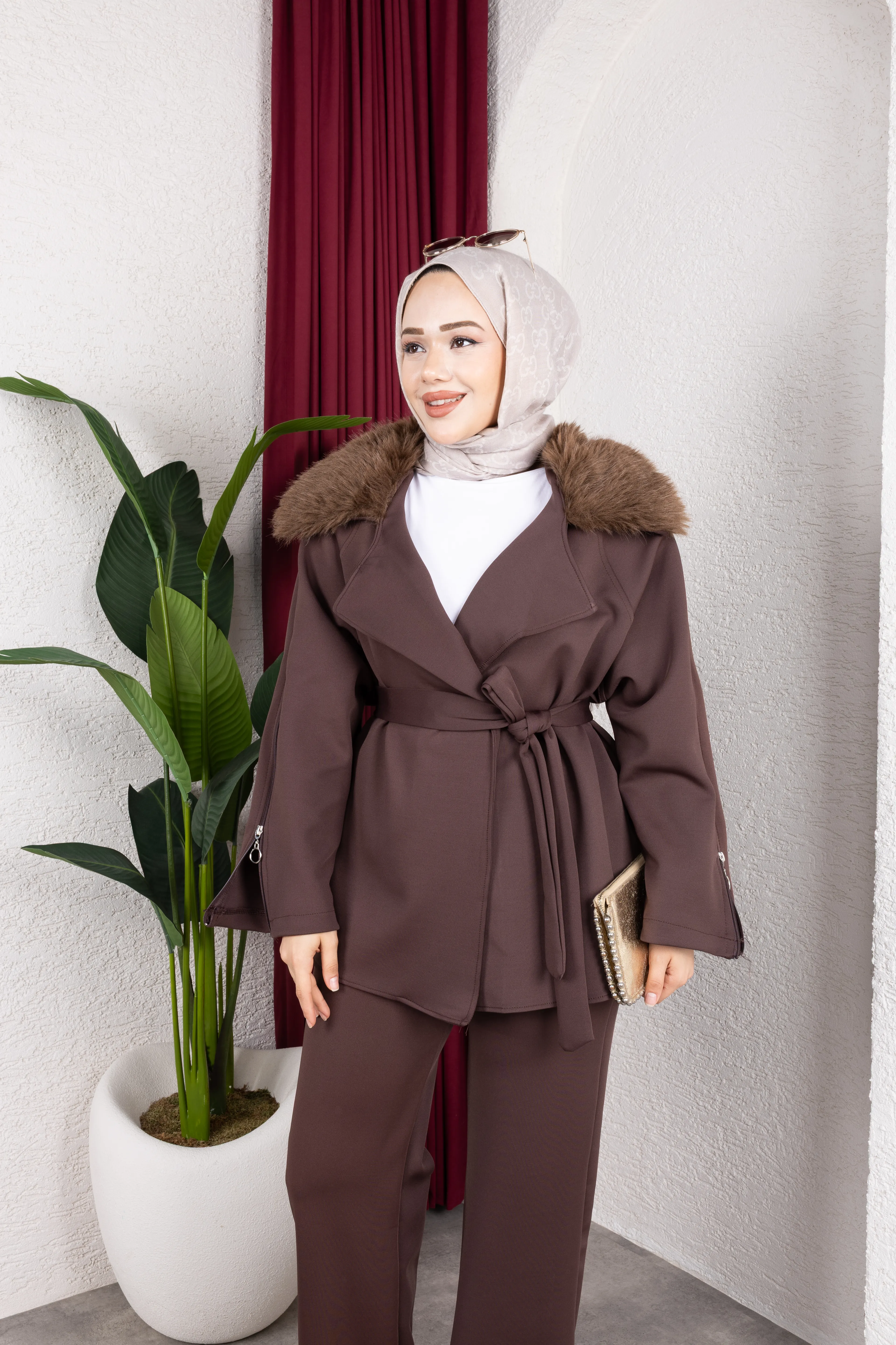 Kürklü Ceket Takım Kahve