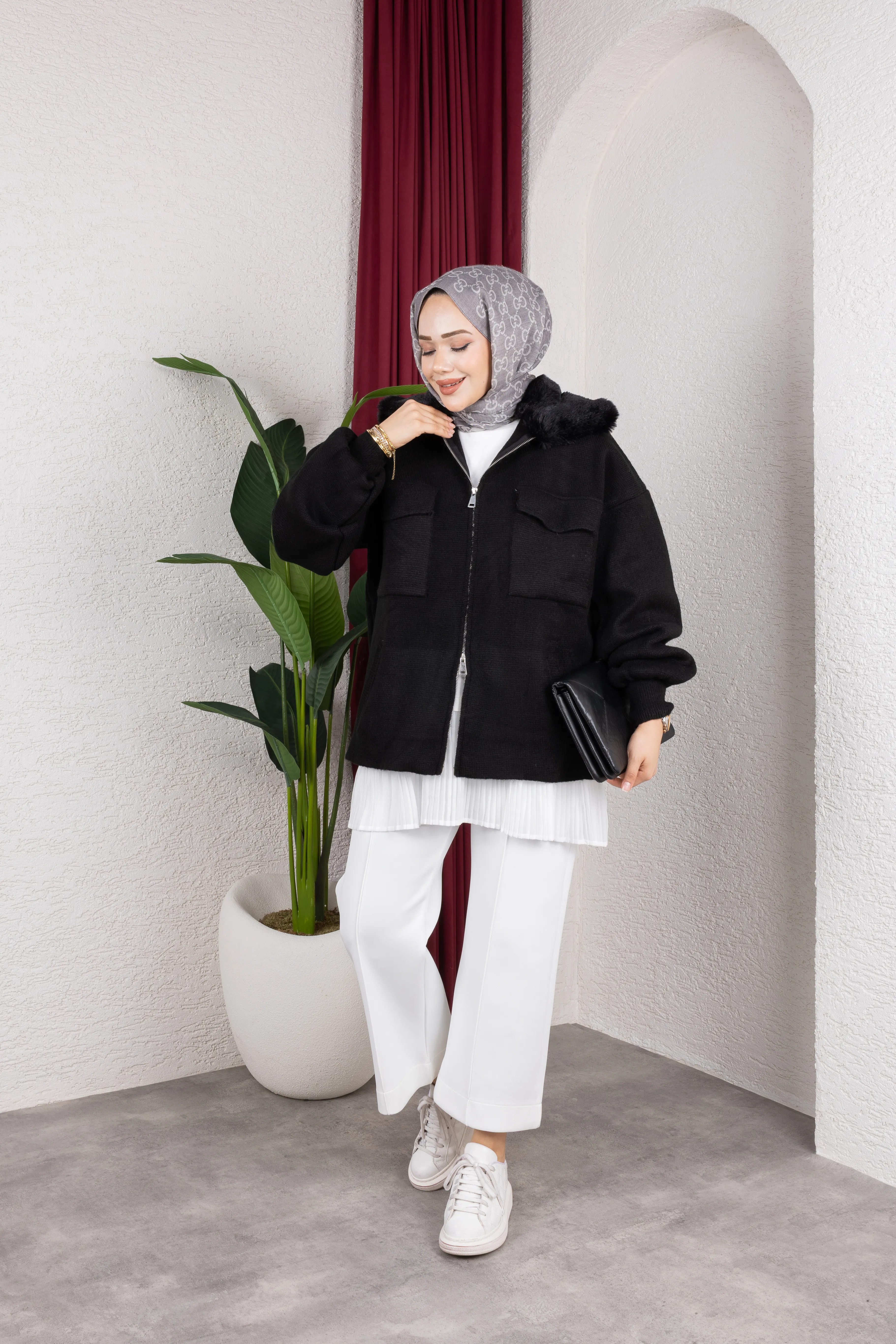 Kürklü Çift Fermuarlı Ceket Siyah