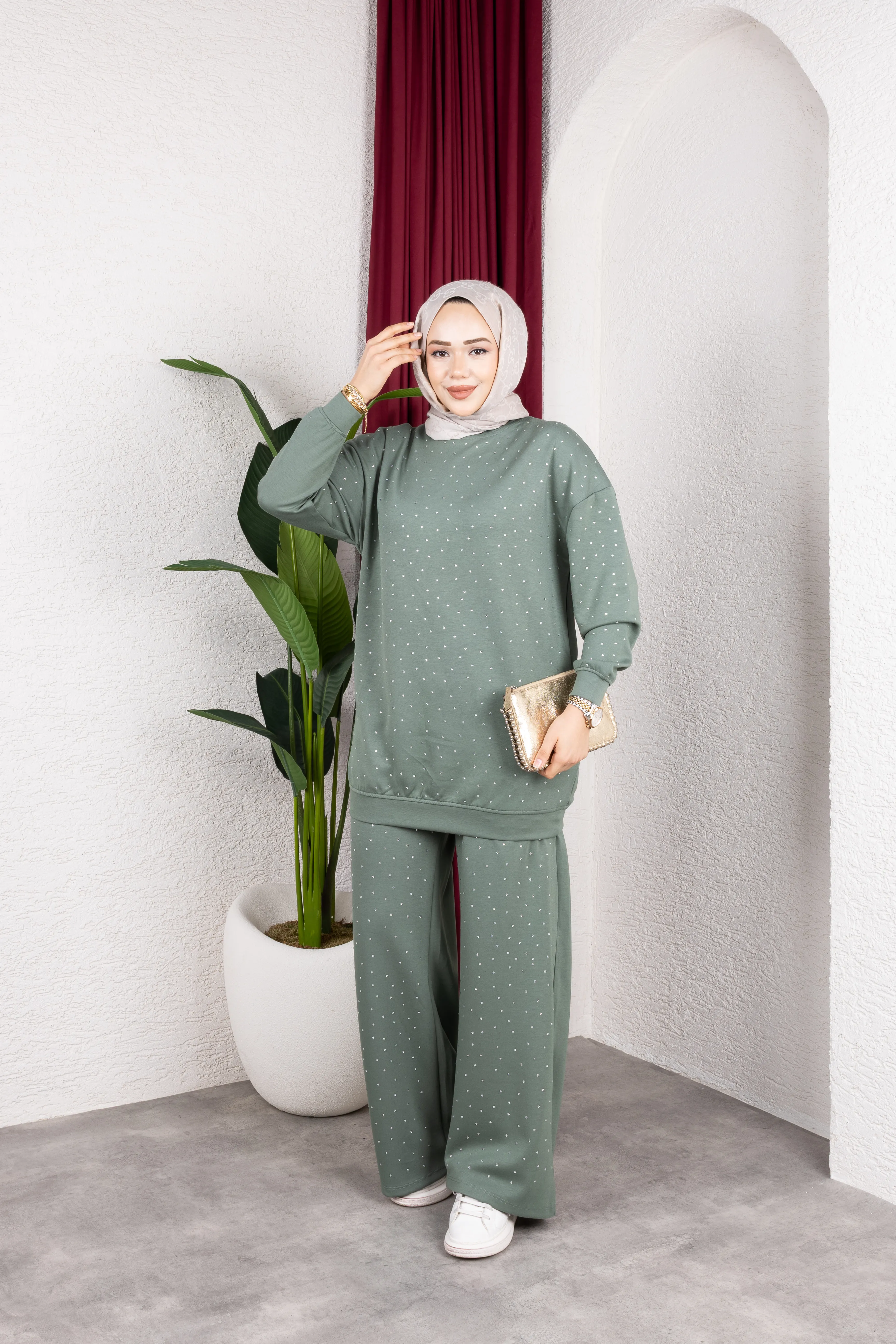 Daina Taşlı Pantolonlu Takımı Mint Yeşili