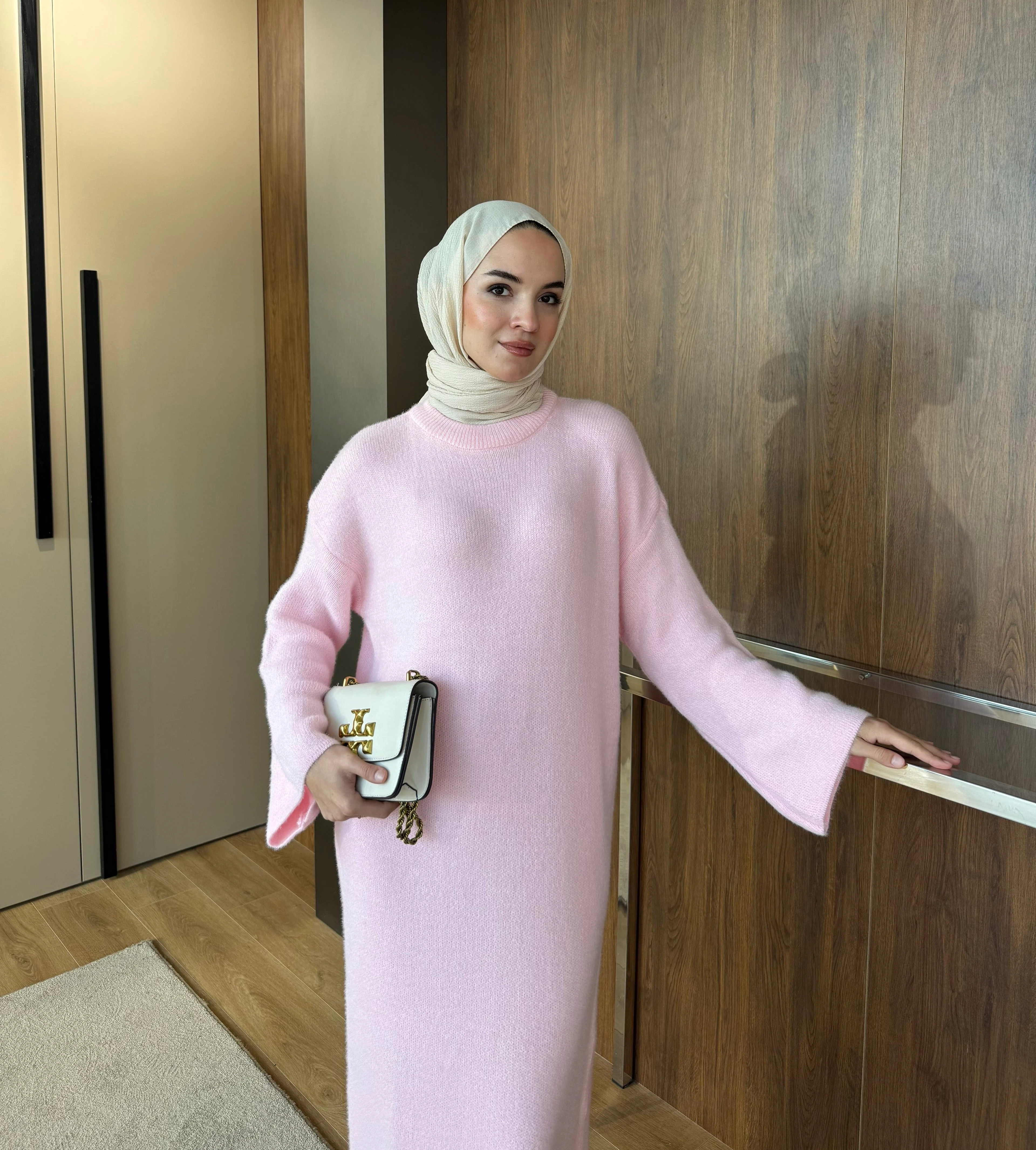 Sakallı Triko Elbise Pembe 