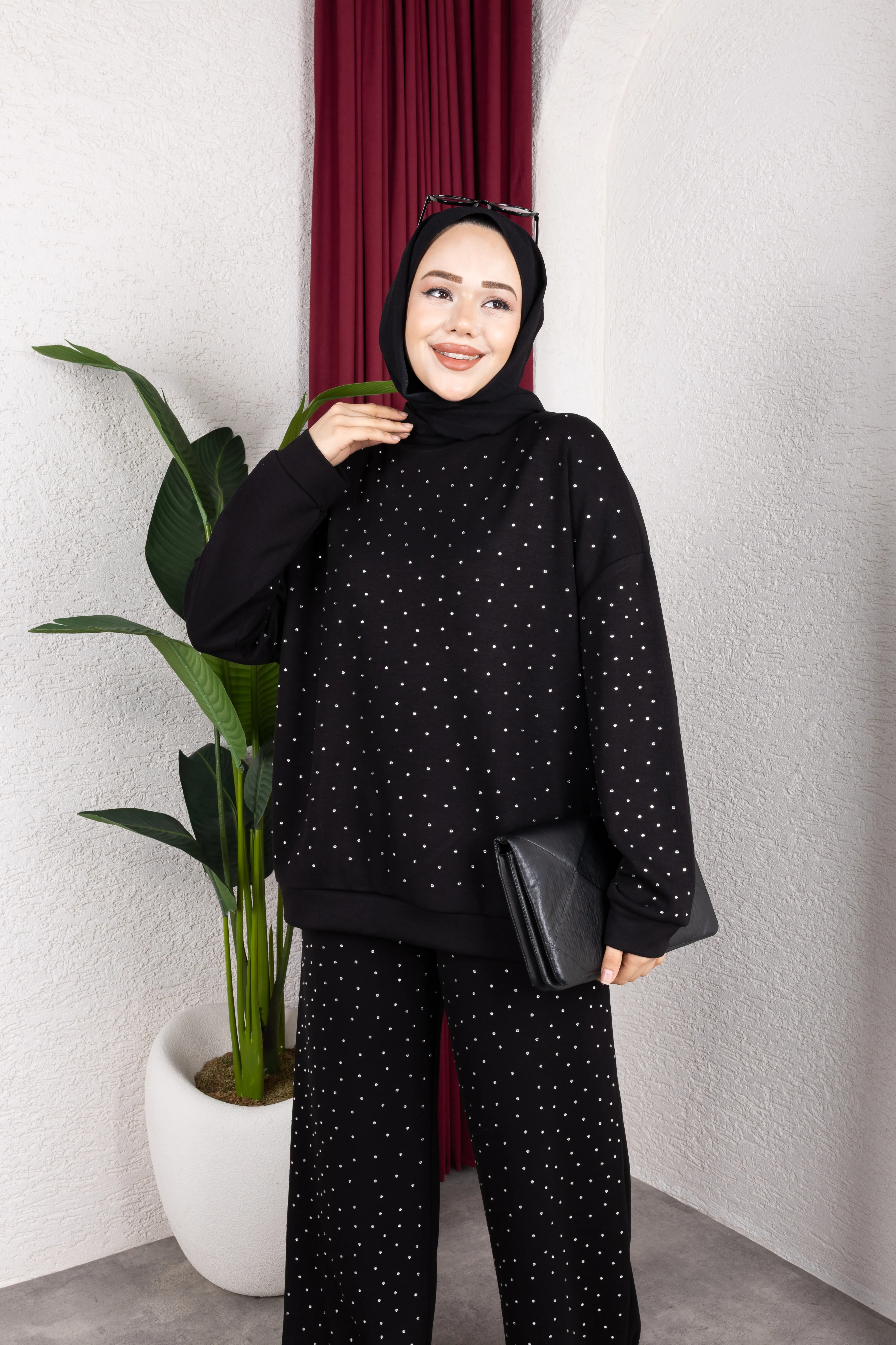 Daina Taşlı  Pantolonlu Takım Siyah