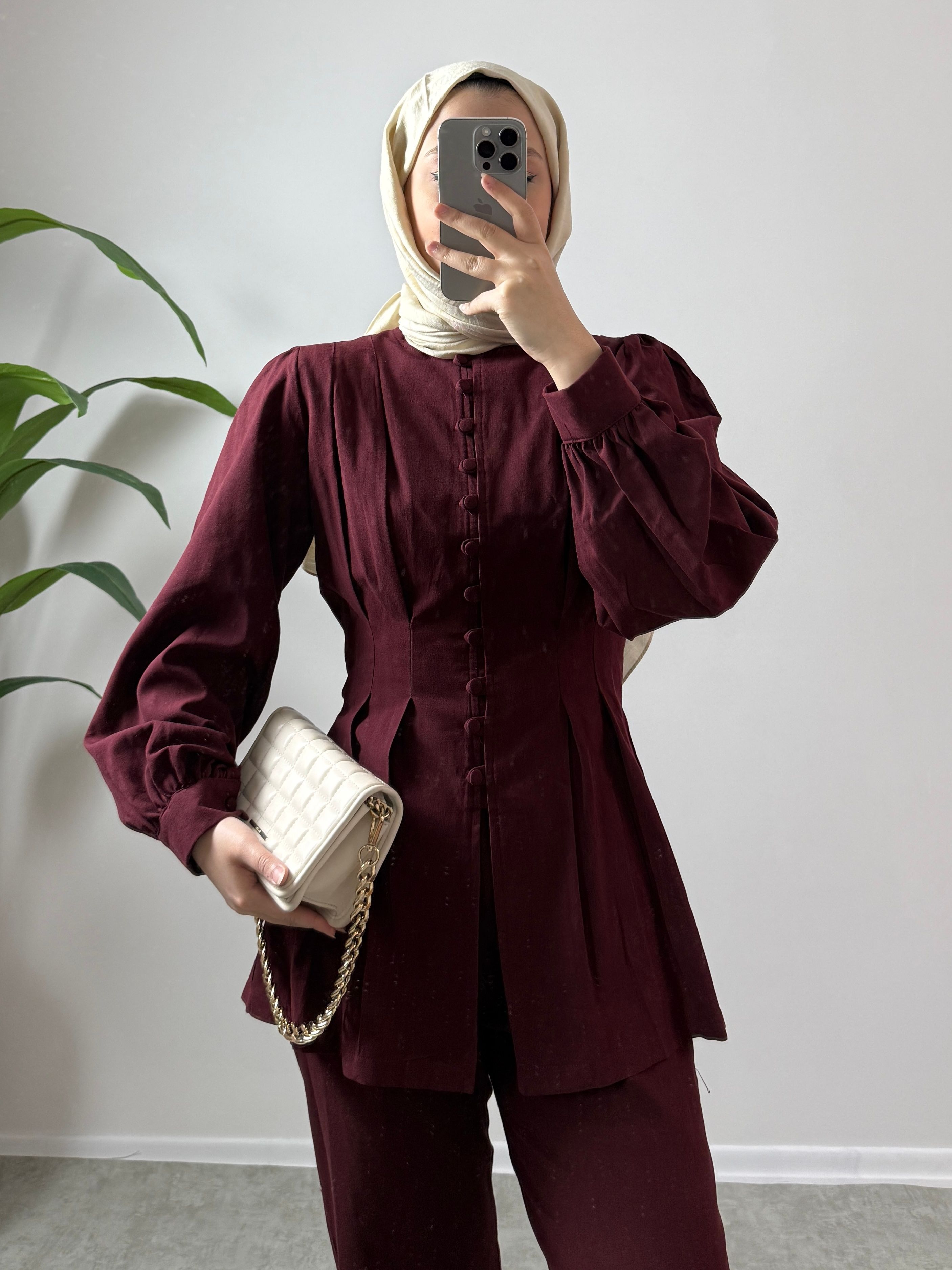 Sıra Düğmeli Tunikli Takım - Bordo
