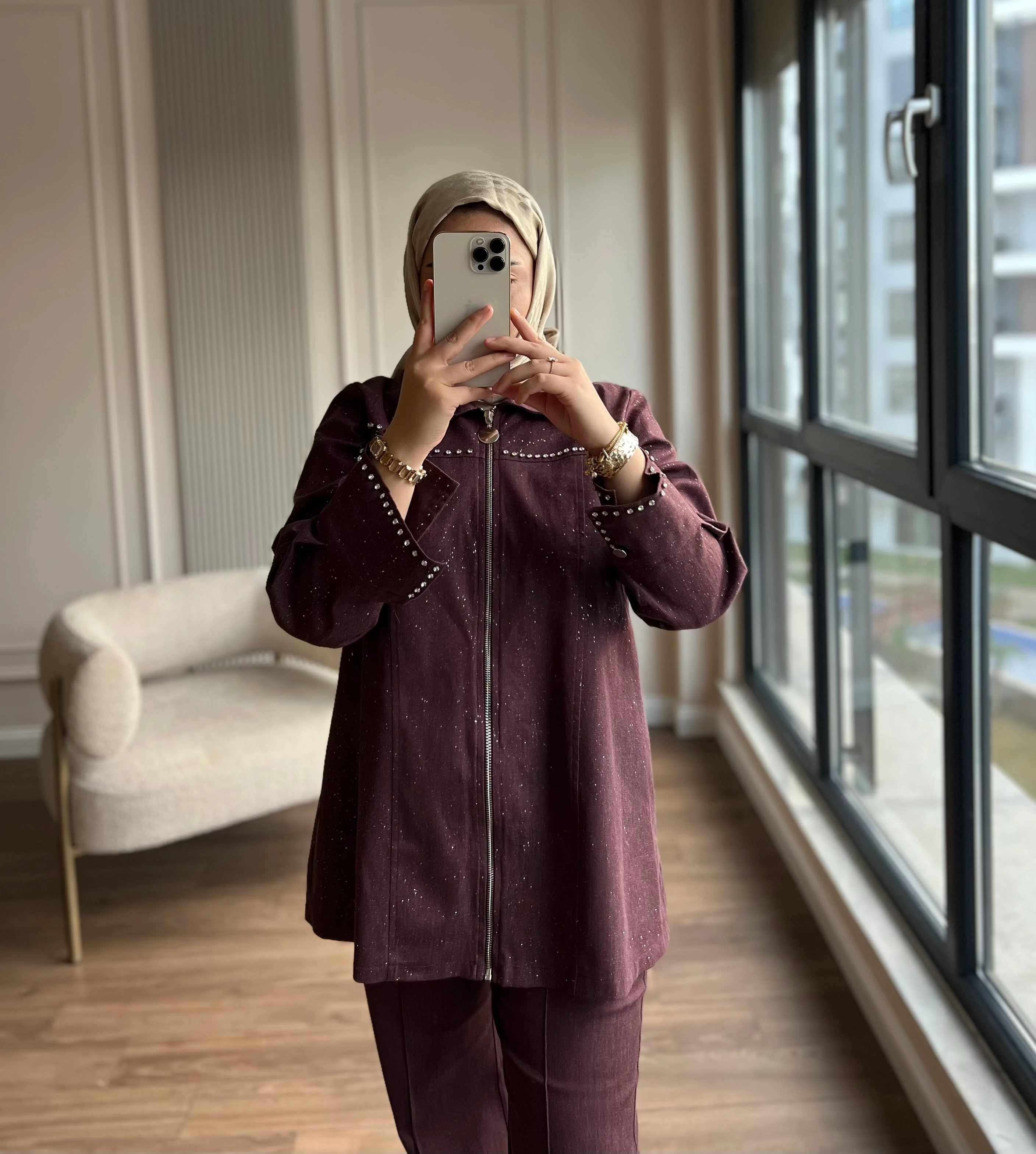 Taşlı Kot Takım Bordo 