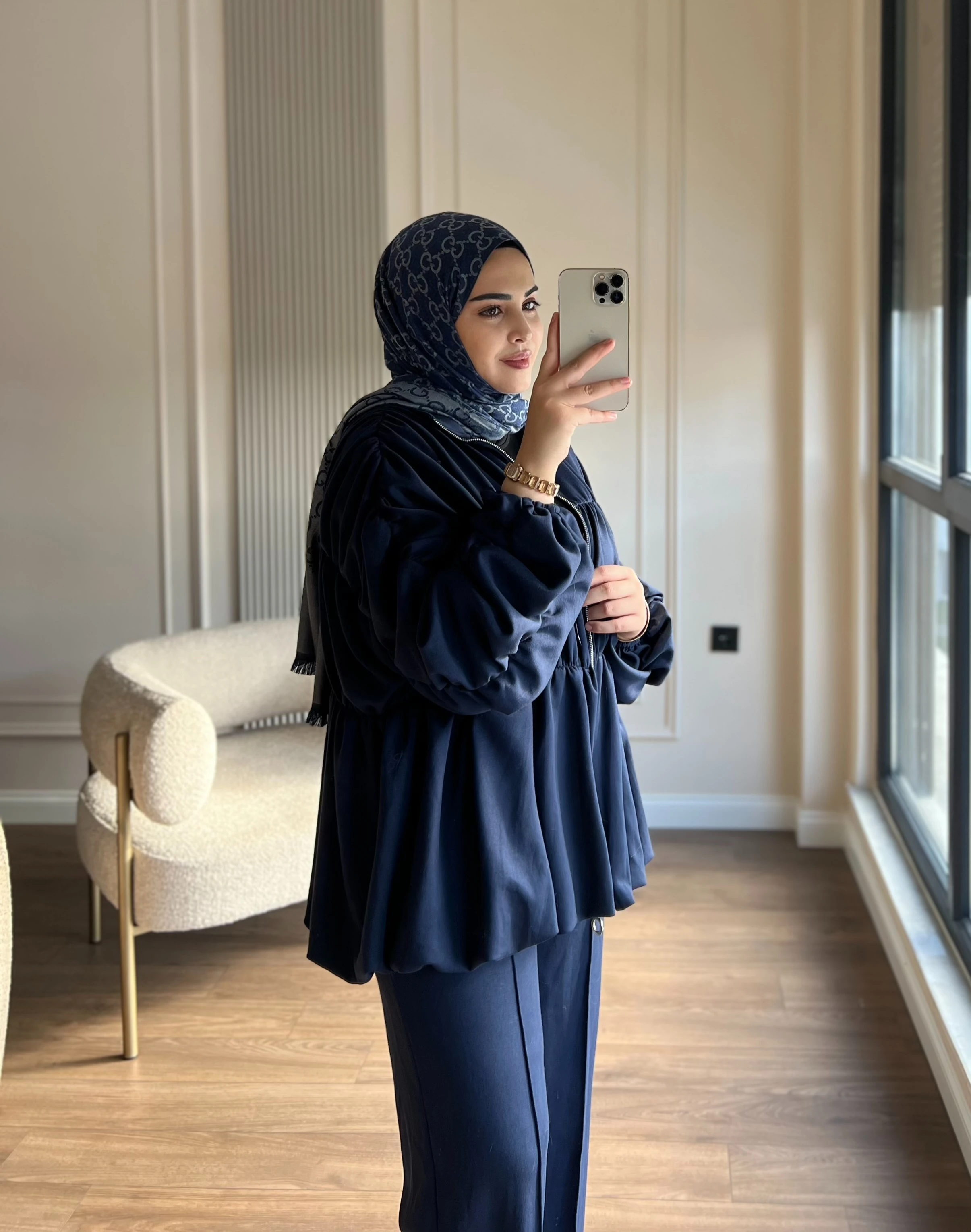 Büzgü Detaylı Pantolonlu Takım Lacivert 