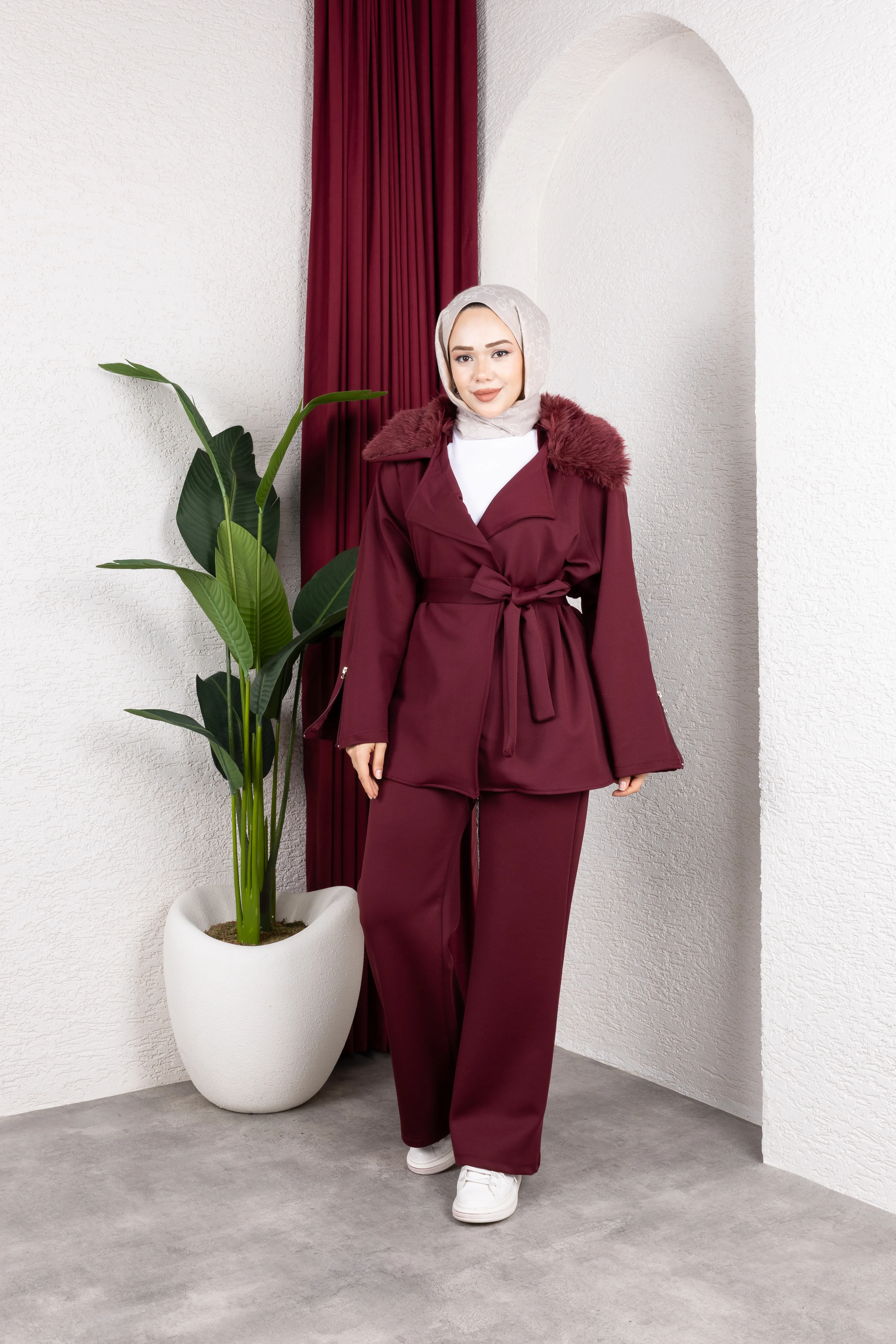 Kürklü Ceket Takım Bordo