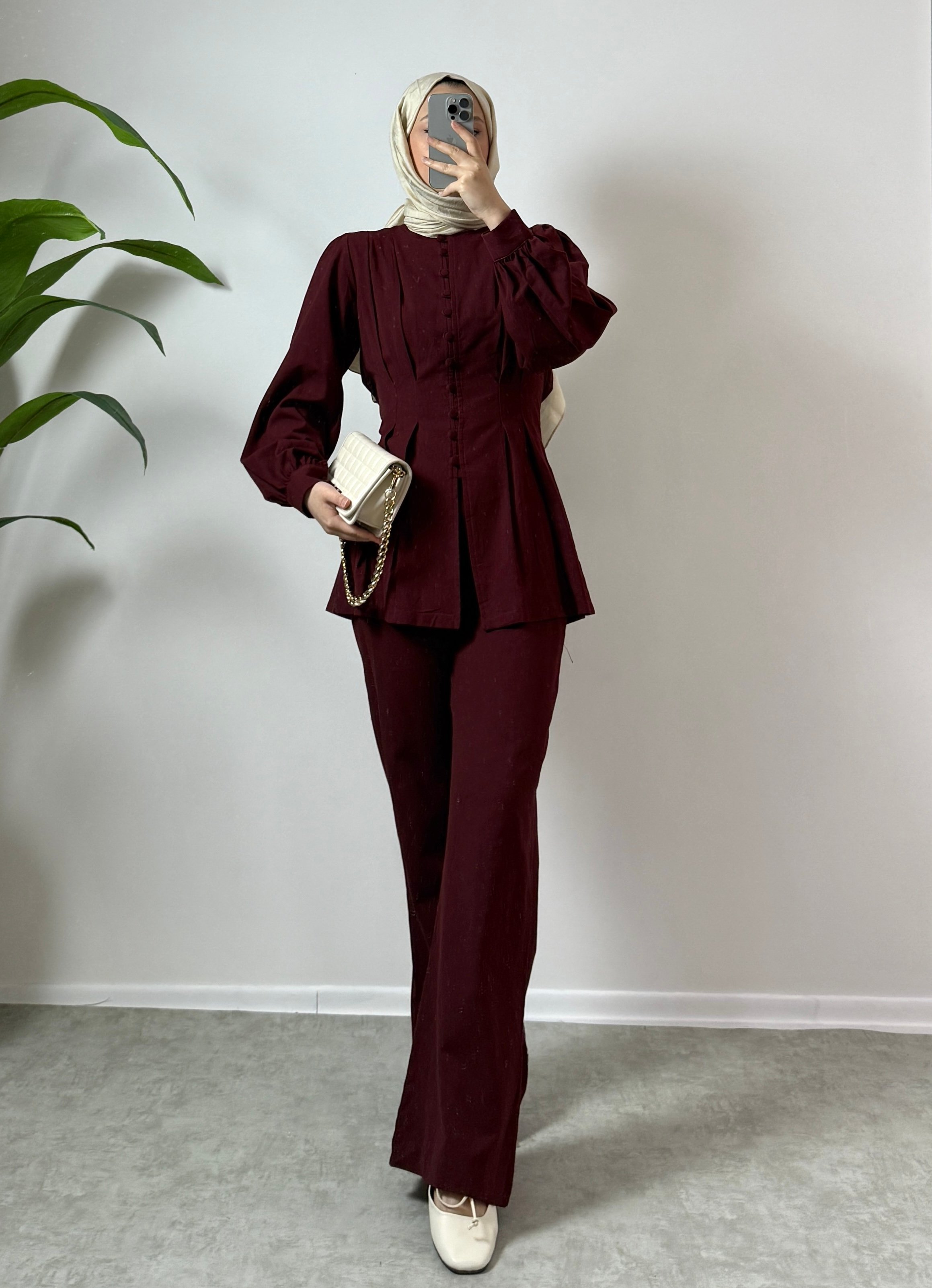 Sıra Düğmeli Tunikli Takım - Bordo