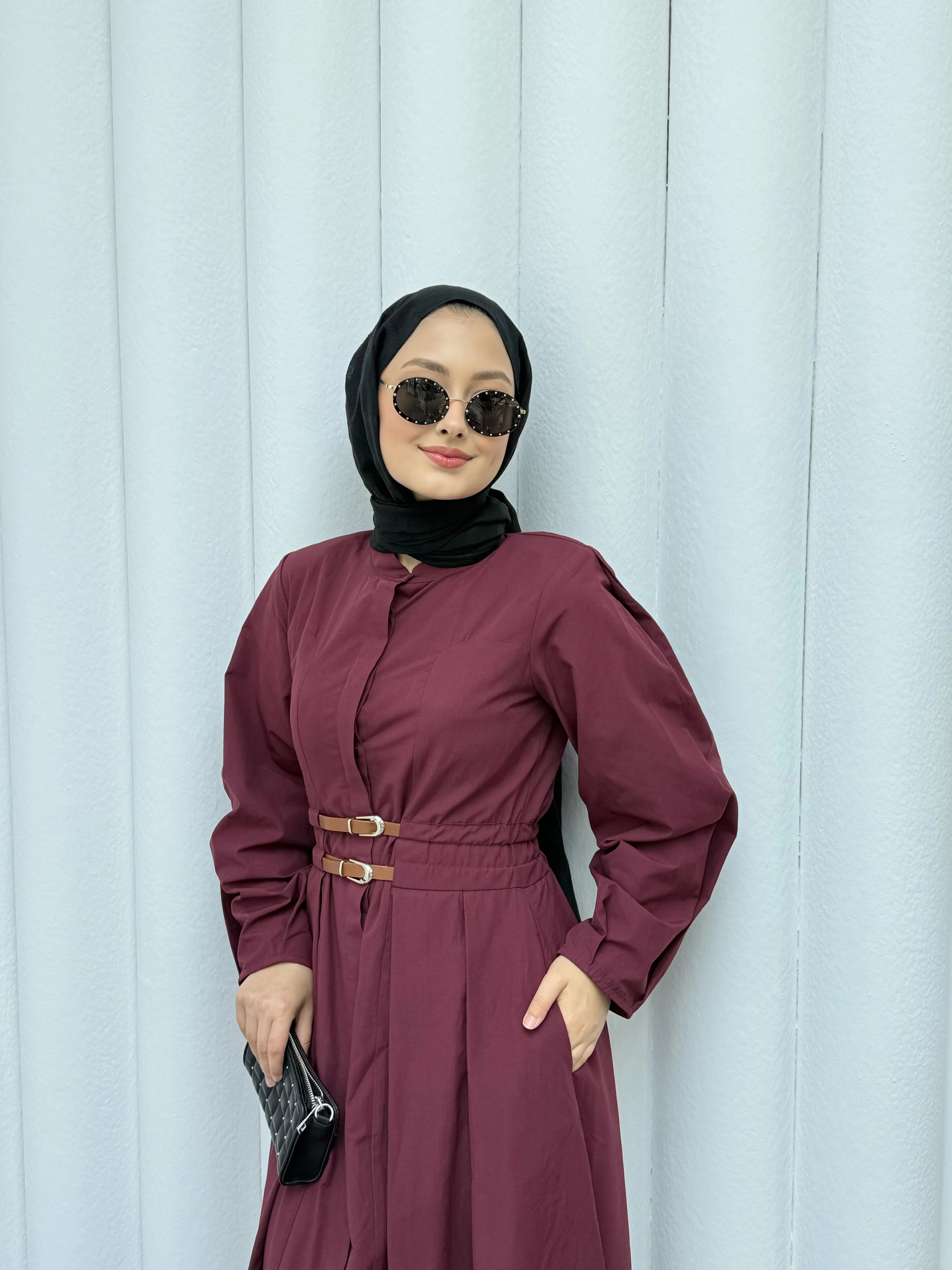 Kemerli Premıum Elbise - Bordo