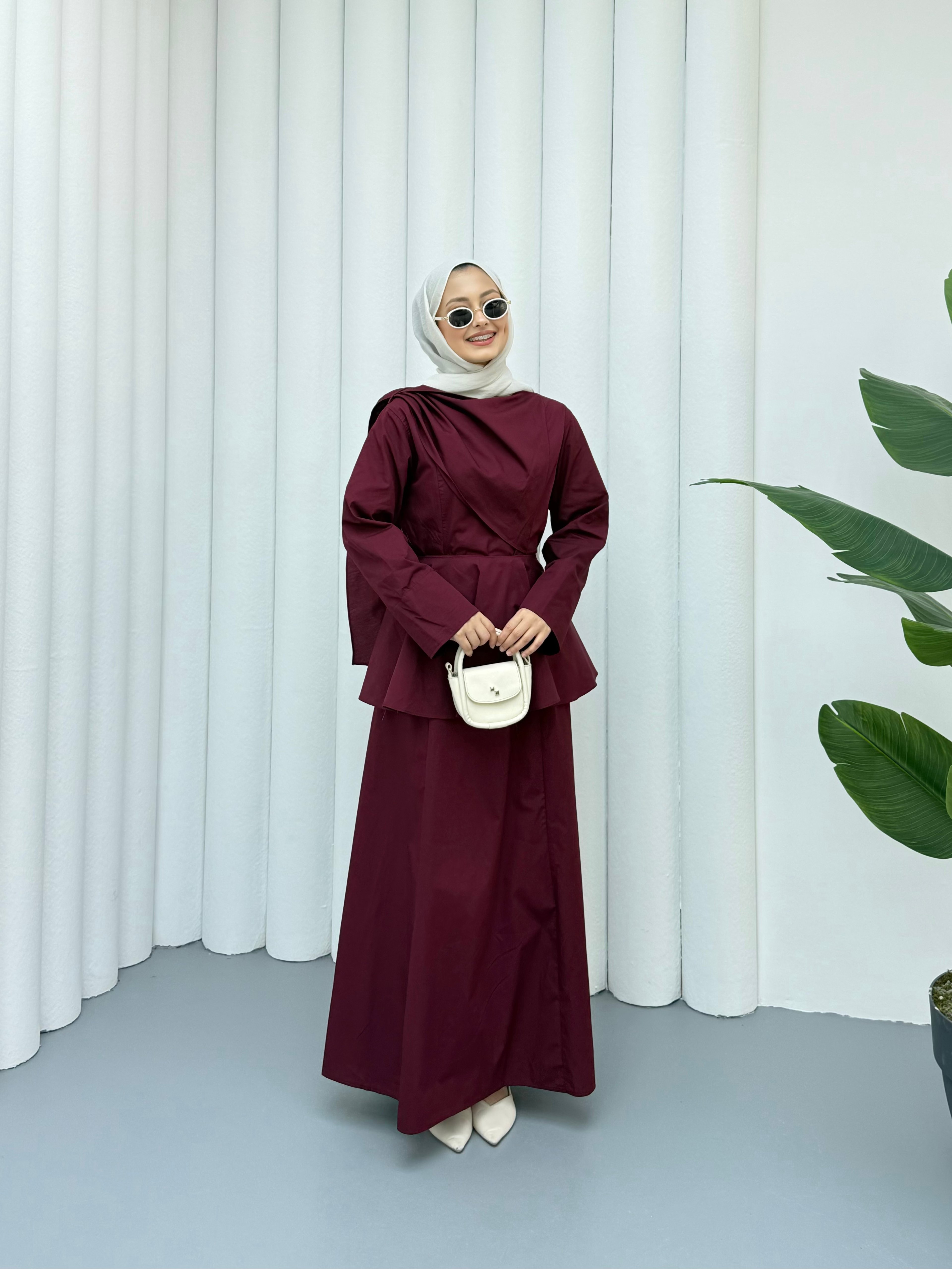 Pelerin Detaylı Pamuk Poplin Elbise - Bordo