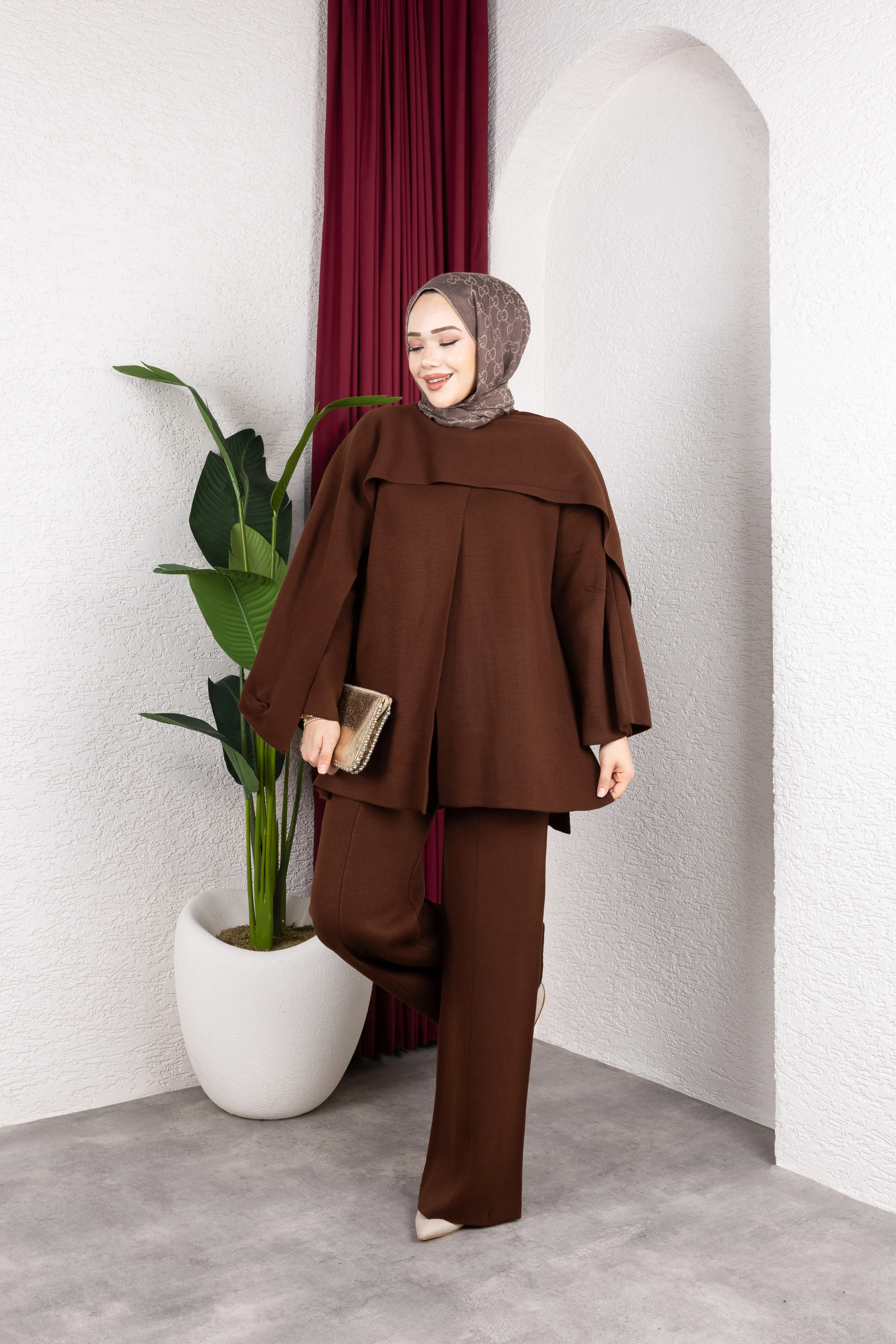 Şal Yaka Triko Pantolonlu Takım Kahverengi