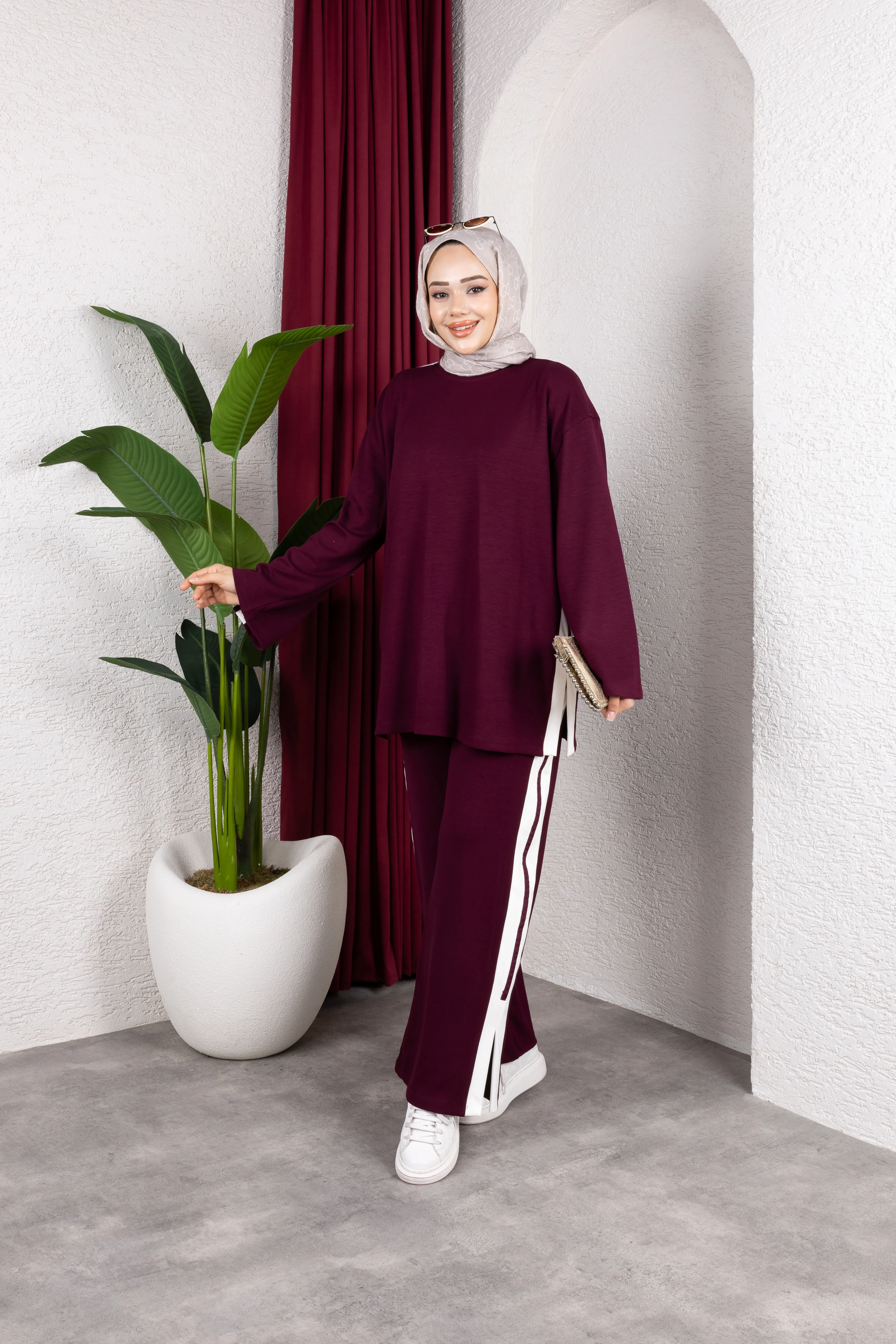 Aja Şerit Detaylı Takım Bordo 