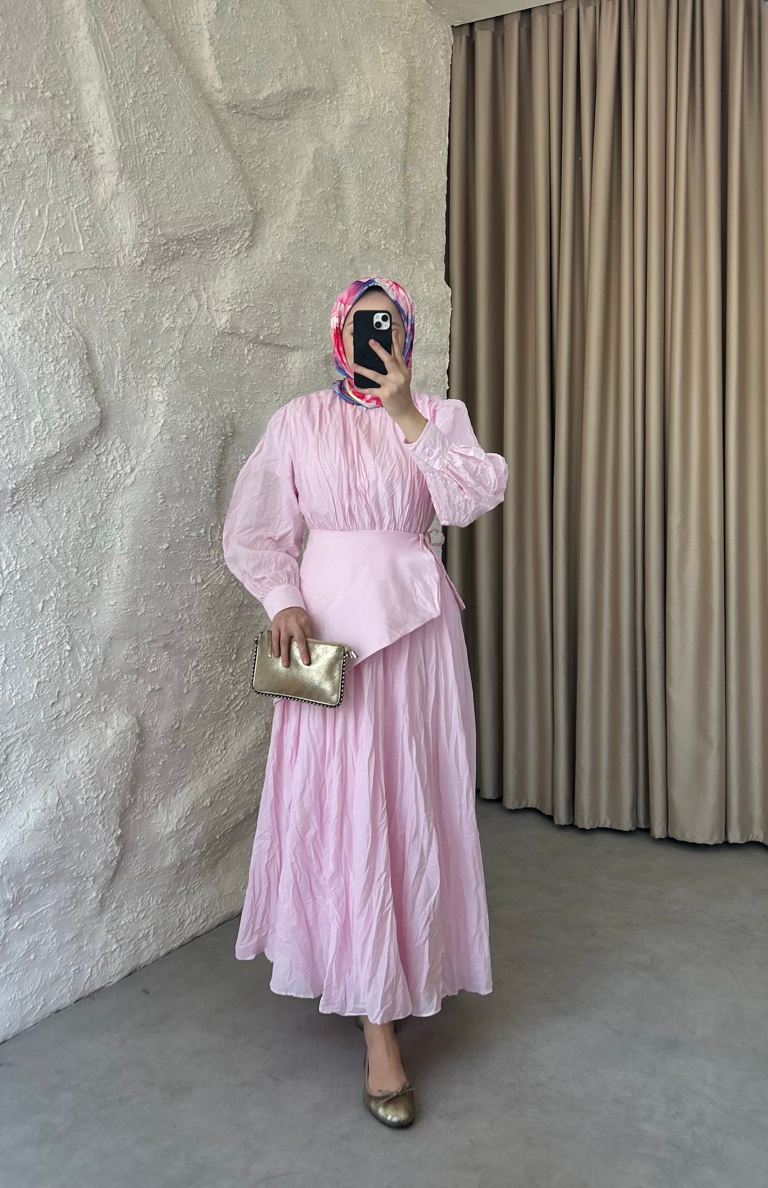 Bel Fularlı Vual Elbise - Pembe