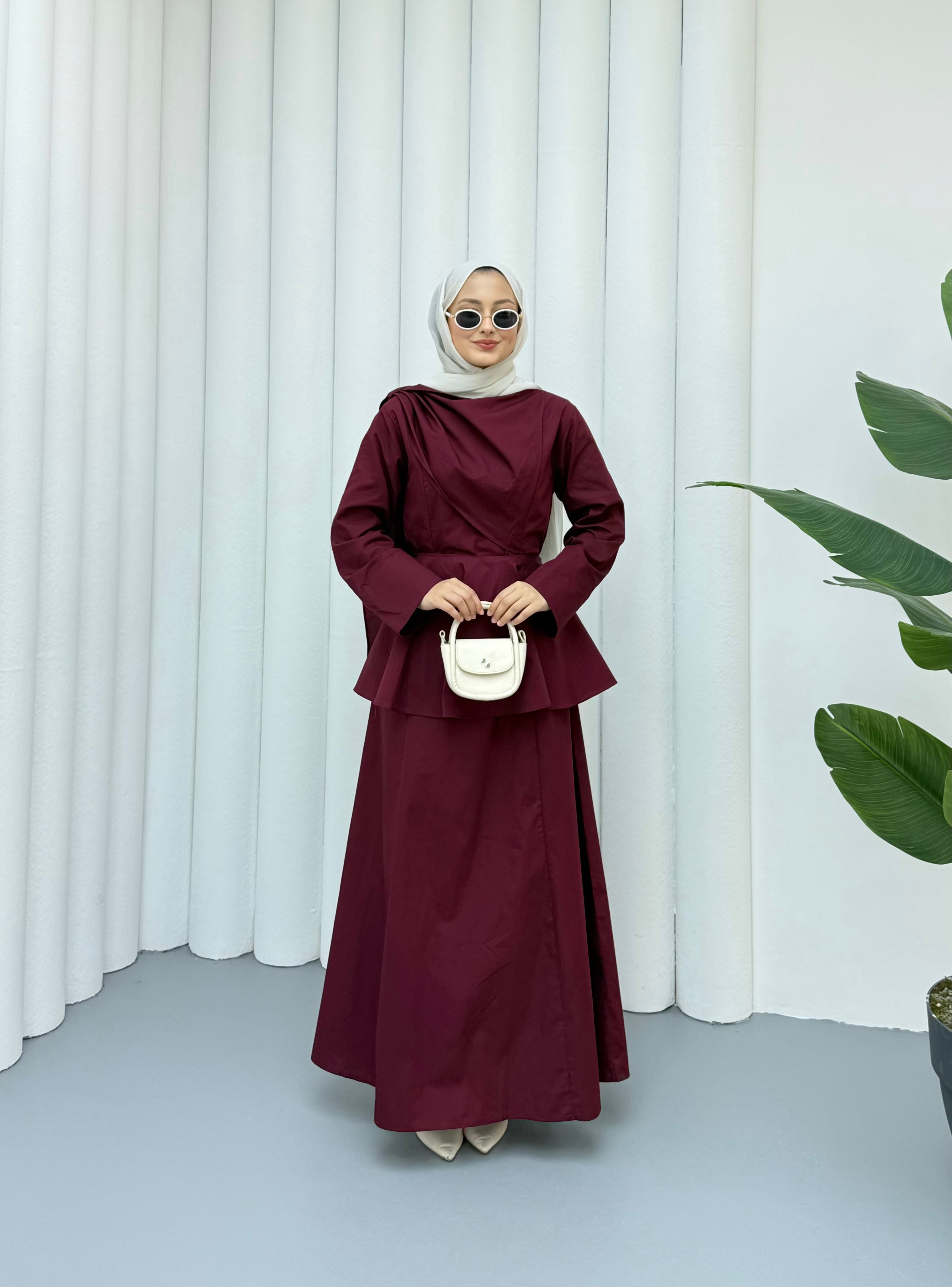 Pelerin Detaylı Pamuk Poplin Elbise - Bordo