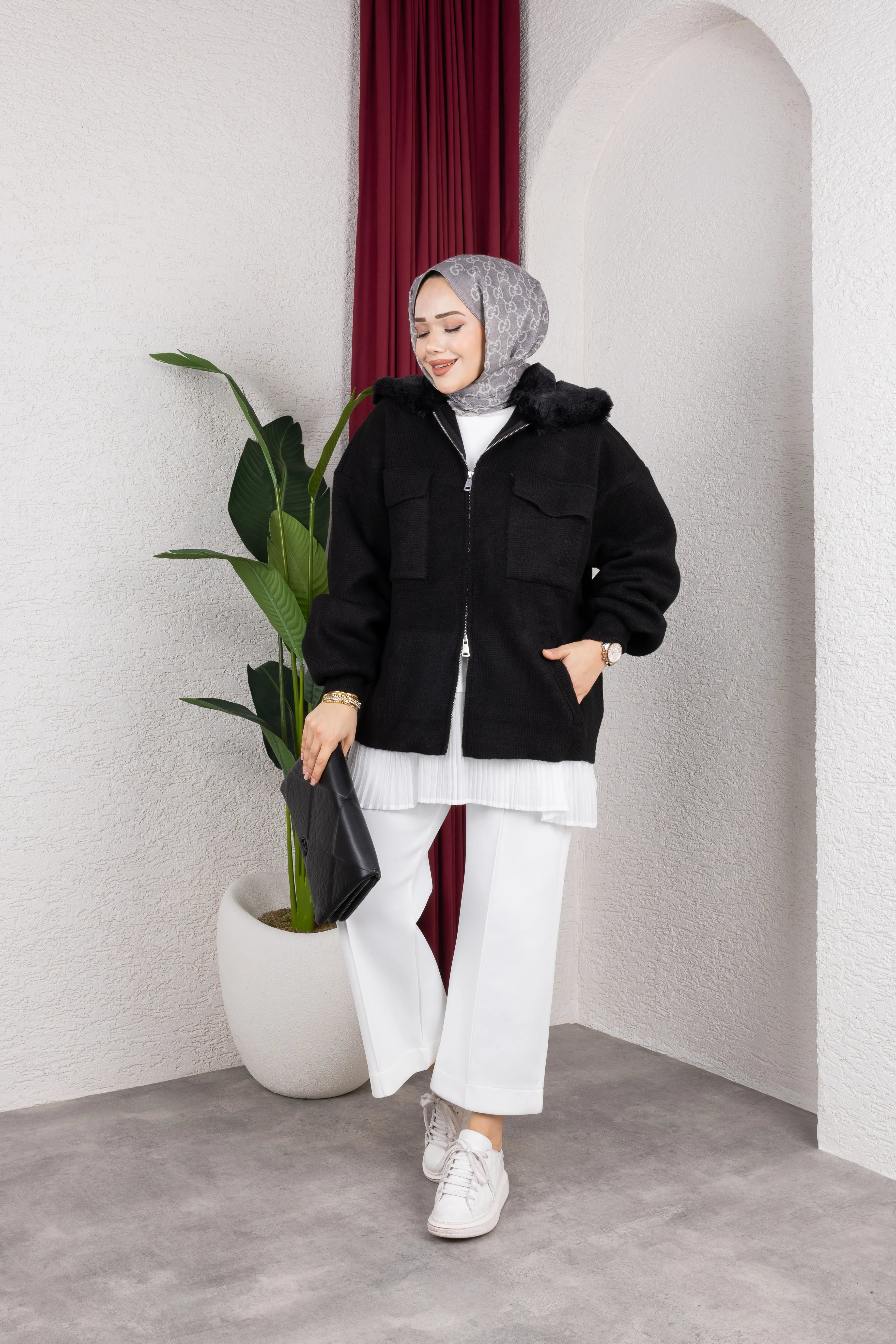 Kürklü Çift Fermuarlı Ceket Siyah