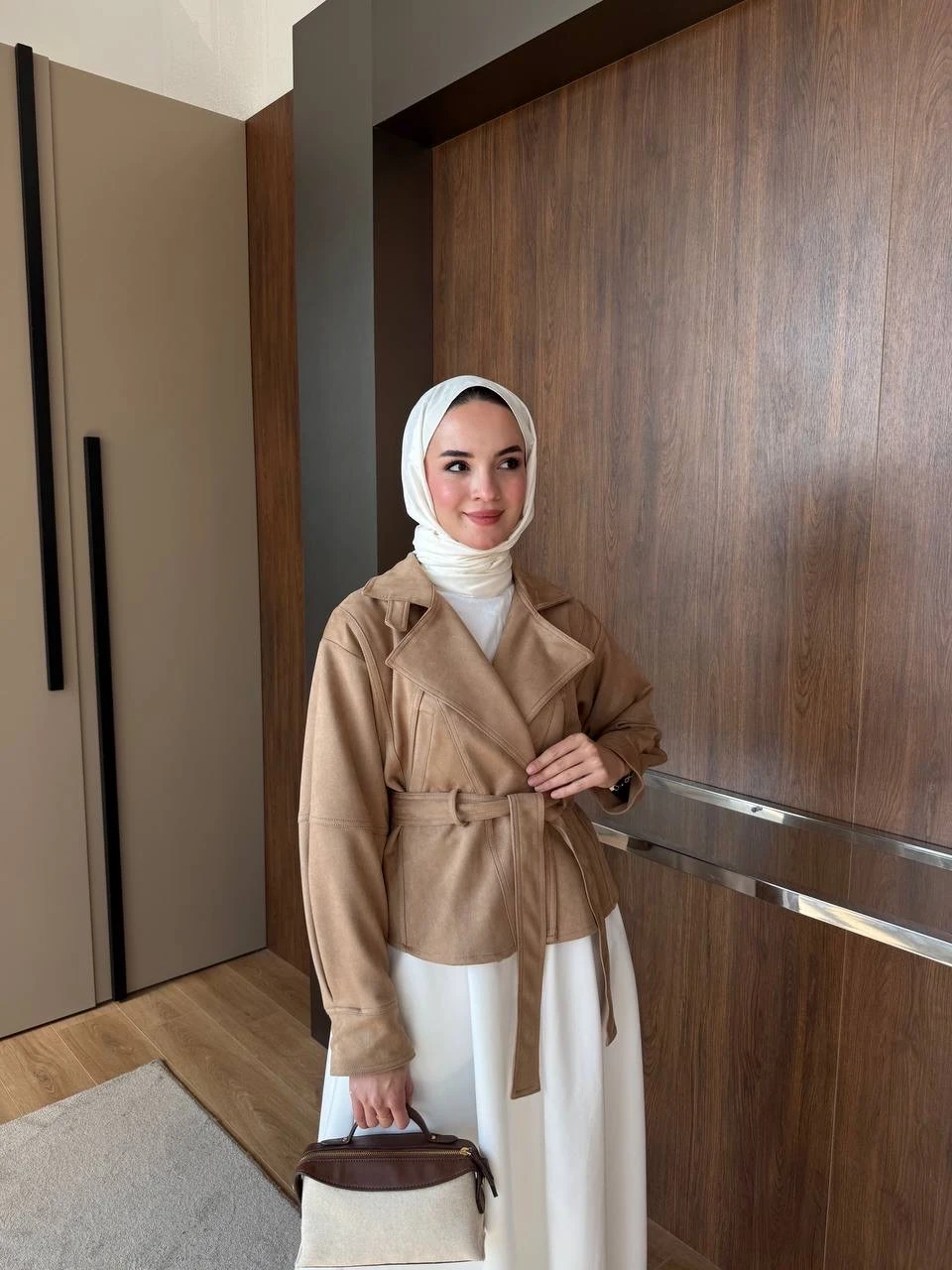  Süet Kısa Trench Taba 