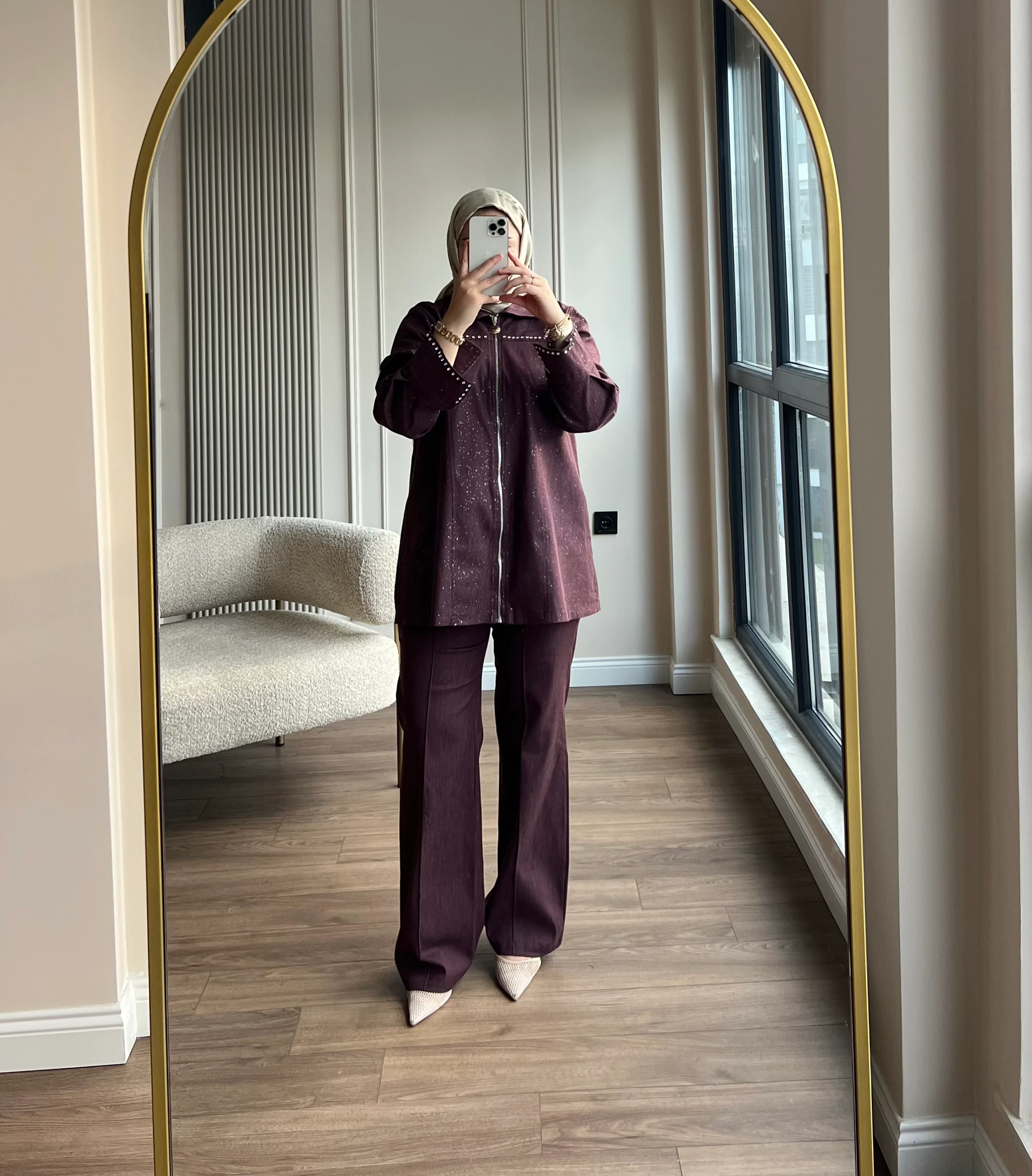 Taşlı Kot Takım Bordo 