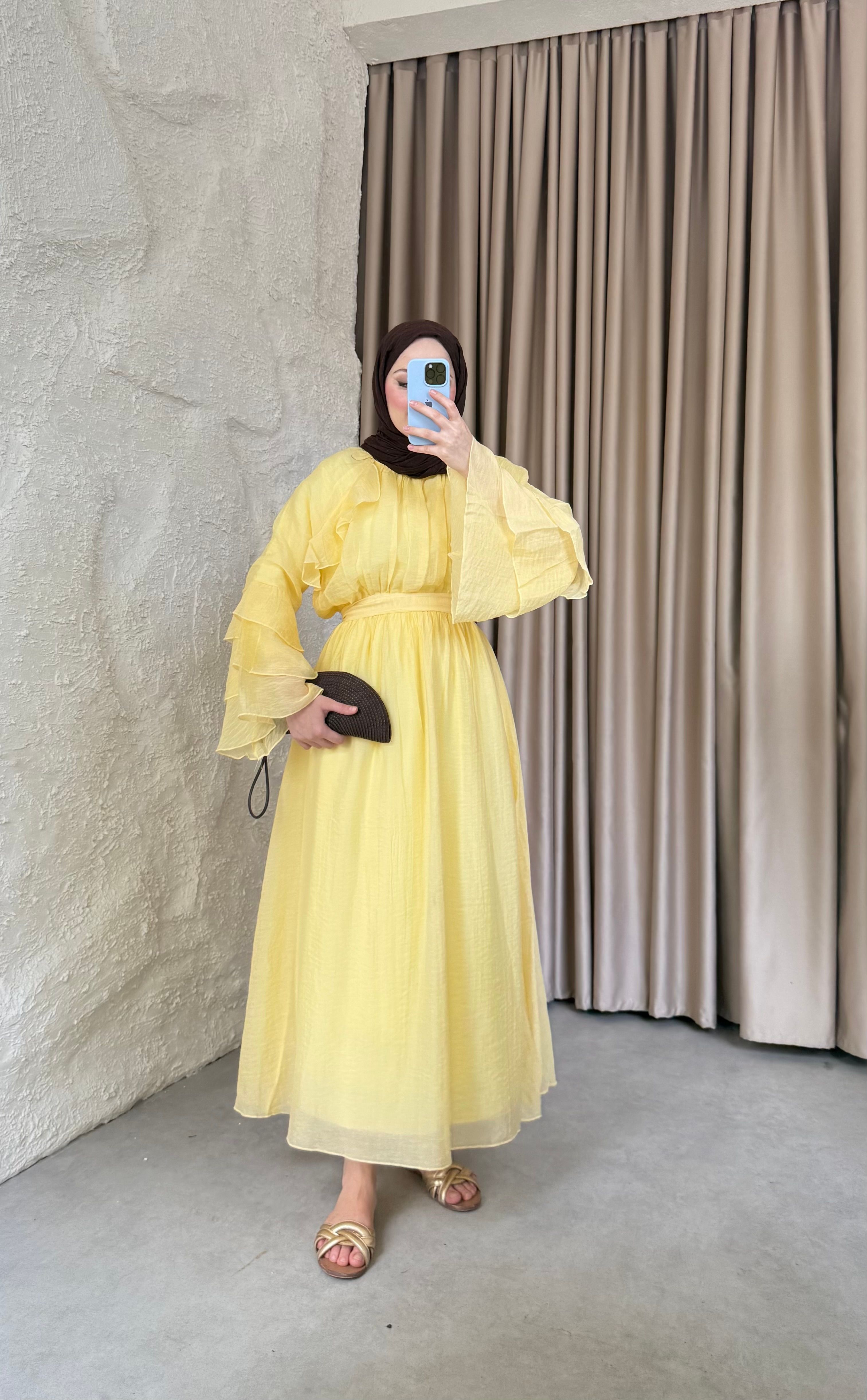 Kolları Volanlı Modal Tül Elbise Butteryellow 
