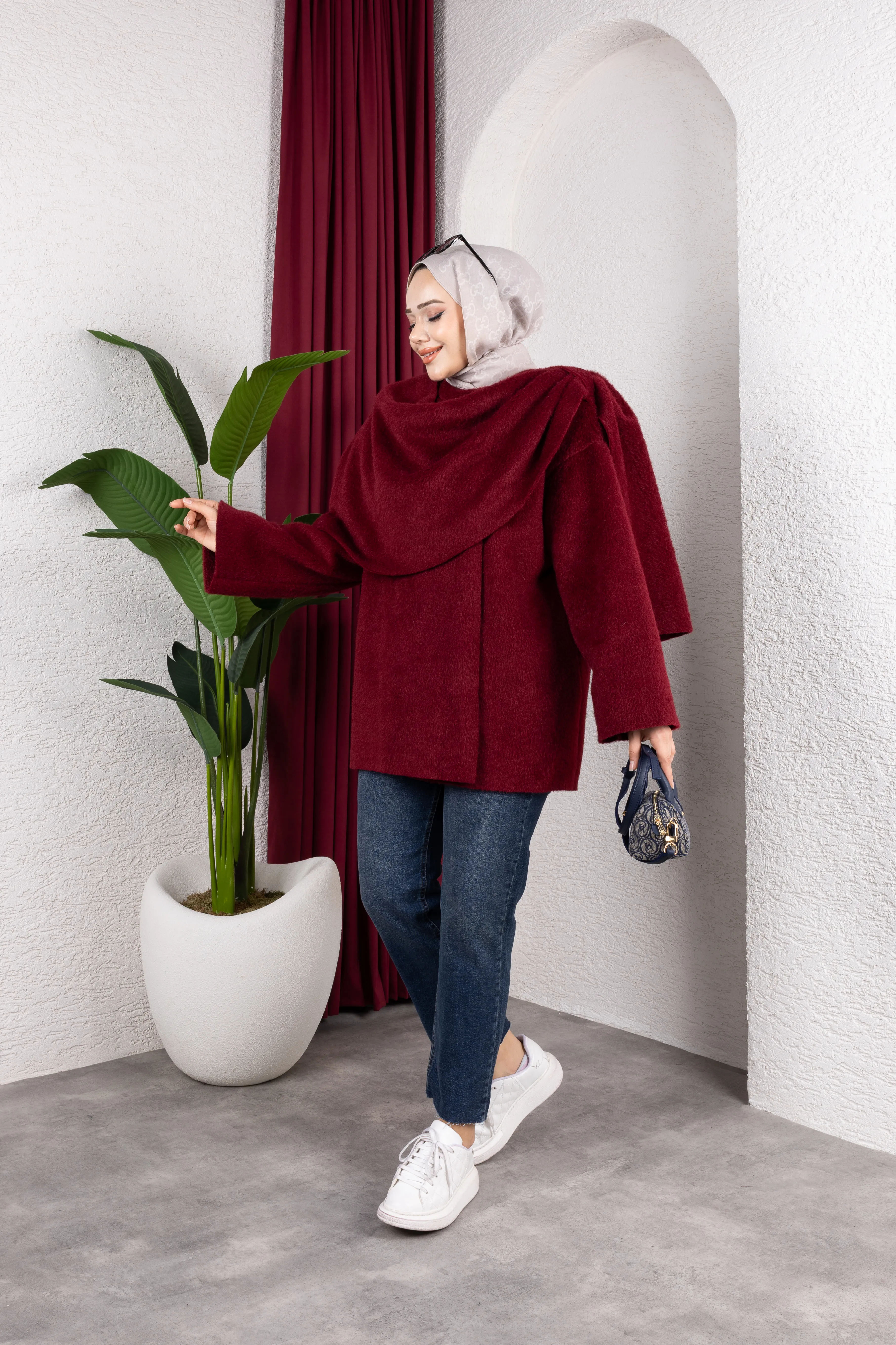 Eva Şal Yaka Kaban Bordo