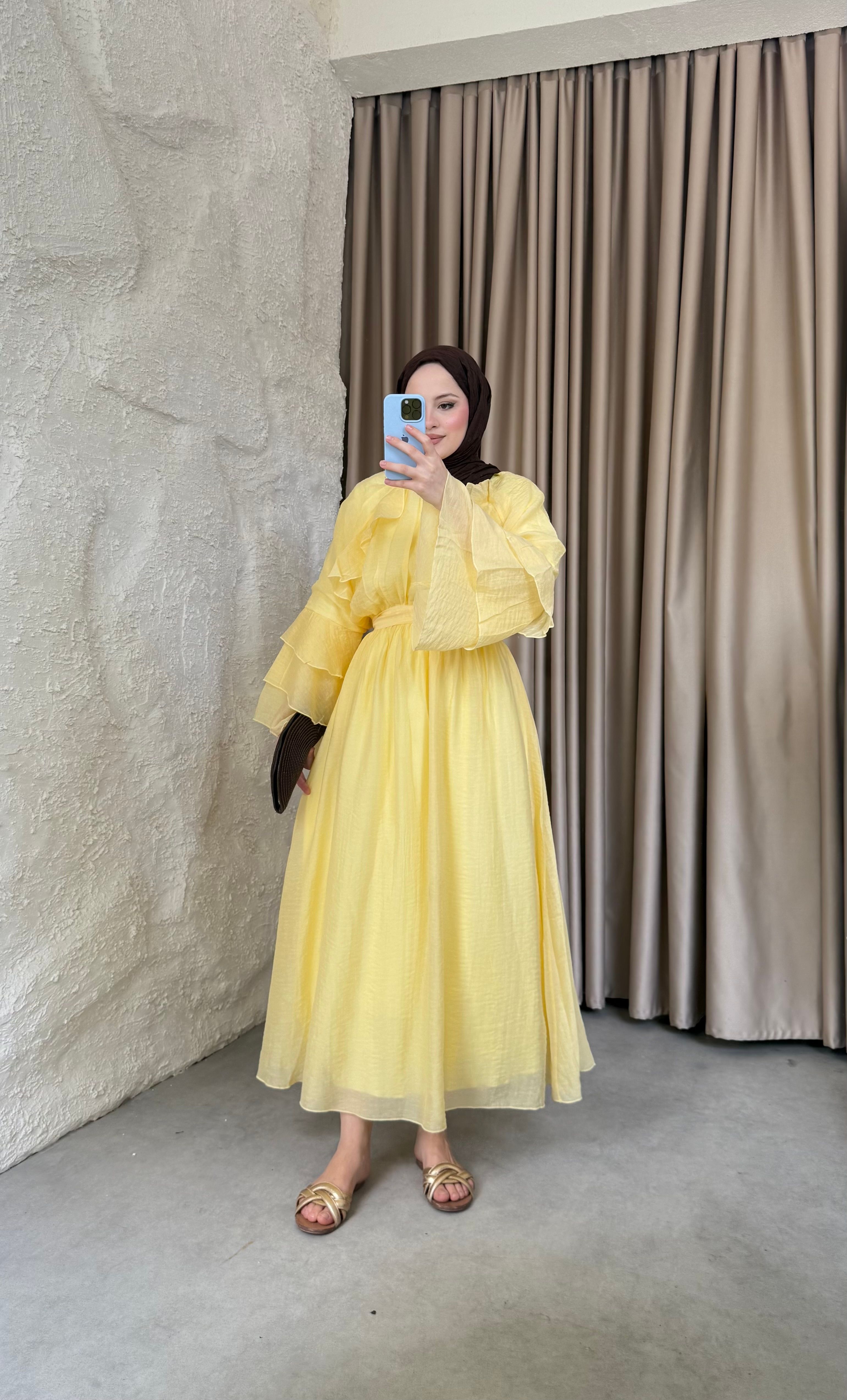 Kolları Volanlı Modal Tül Elbise Butteryellow 