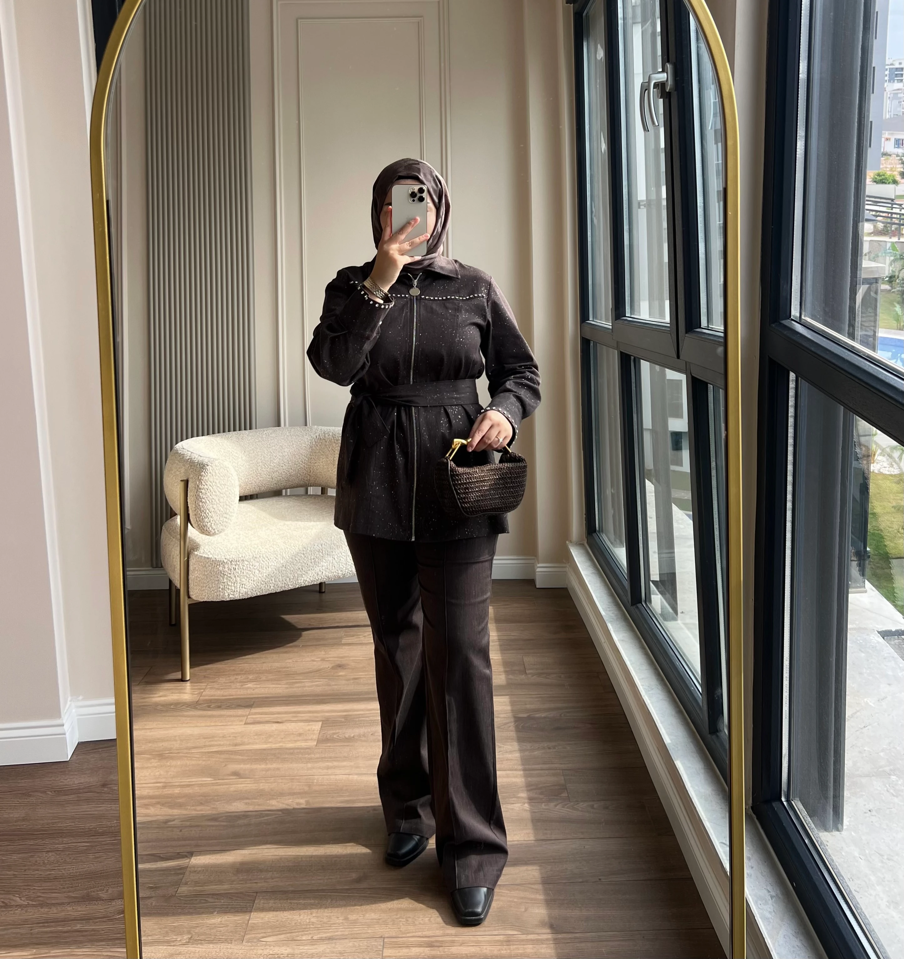 Taşlı Kot Takım Kahverengi 