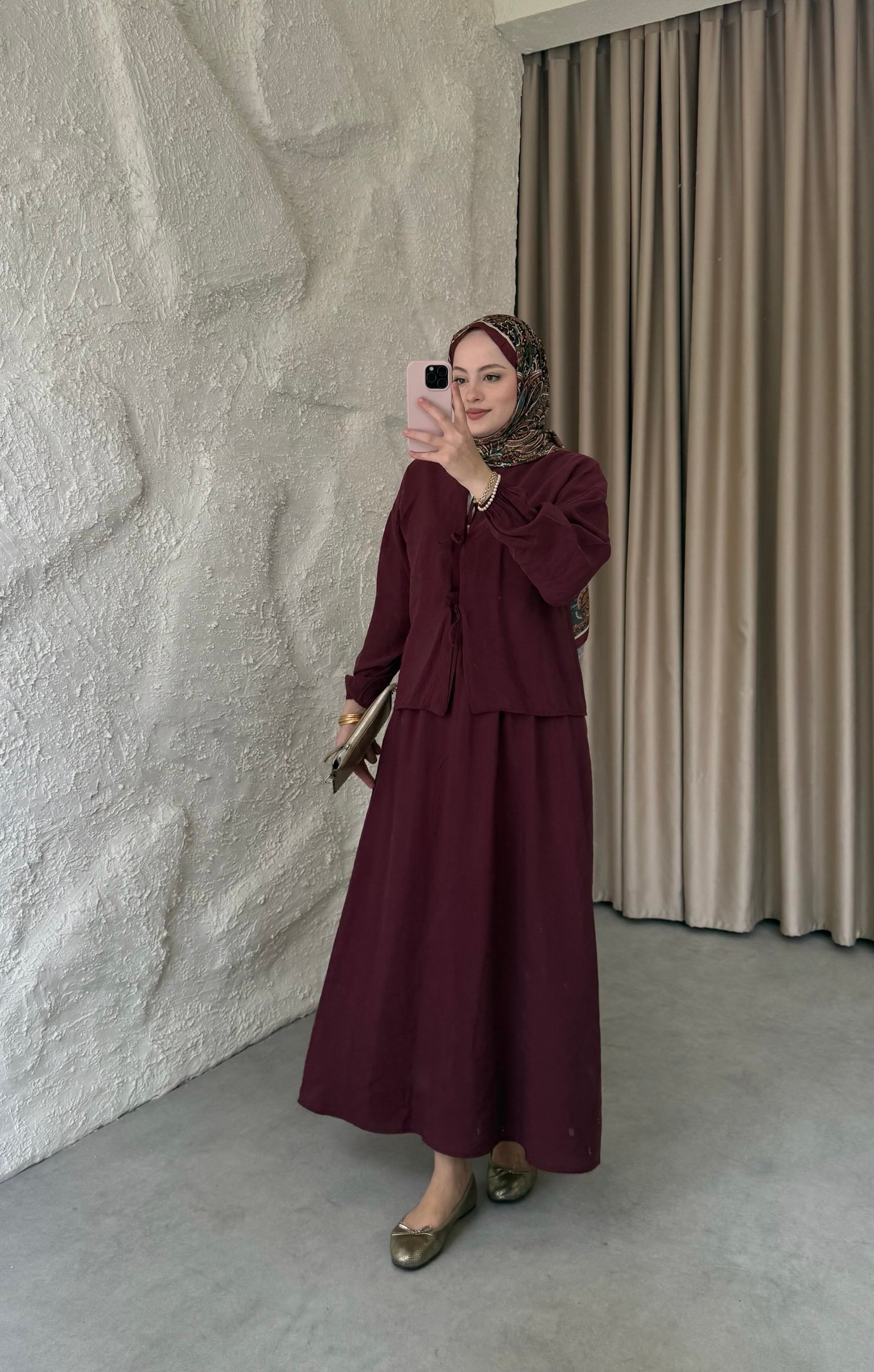 Önden Bağlamalı Etekli Takım - Bordo