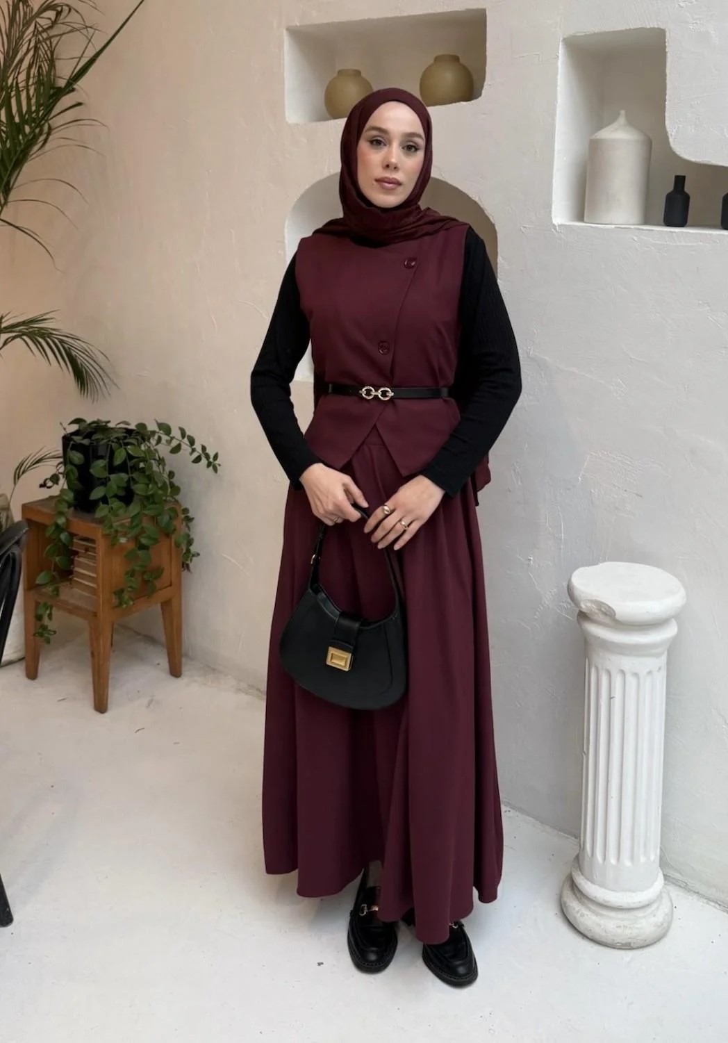 Çapraz Kesim Kemerli Yelekli Takım - Bordo
