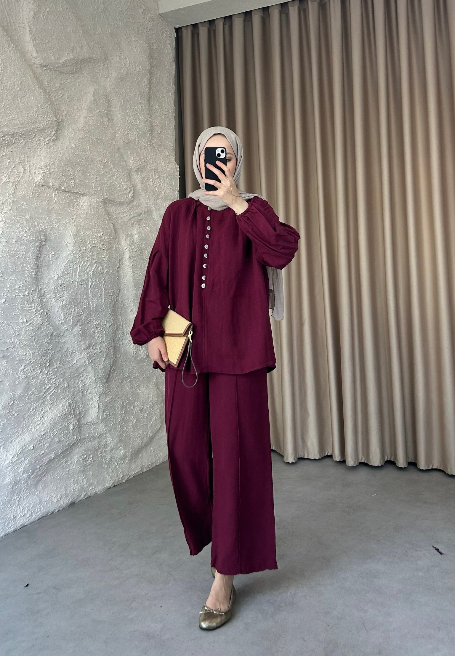 Önden Düğmeli Keten Pantolonlu Takım  - Bordo