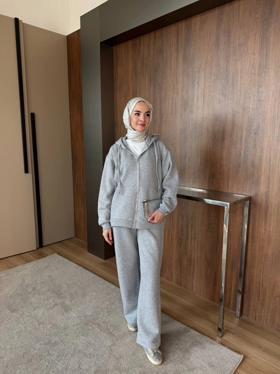 Üç İplik Fermuarlı Pantolonlu Takım Gri 