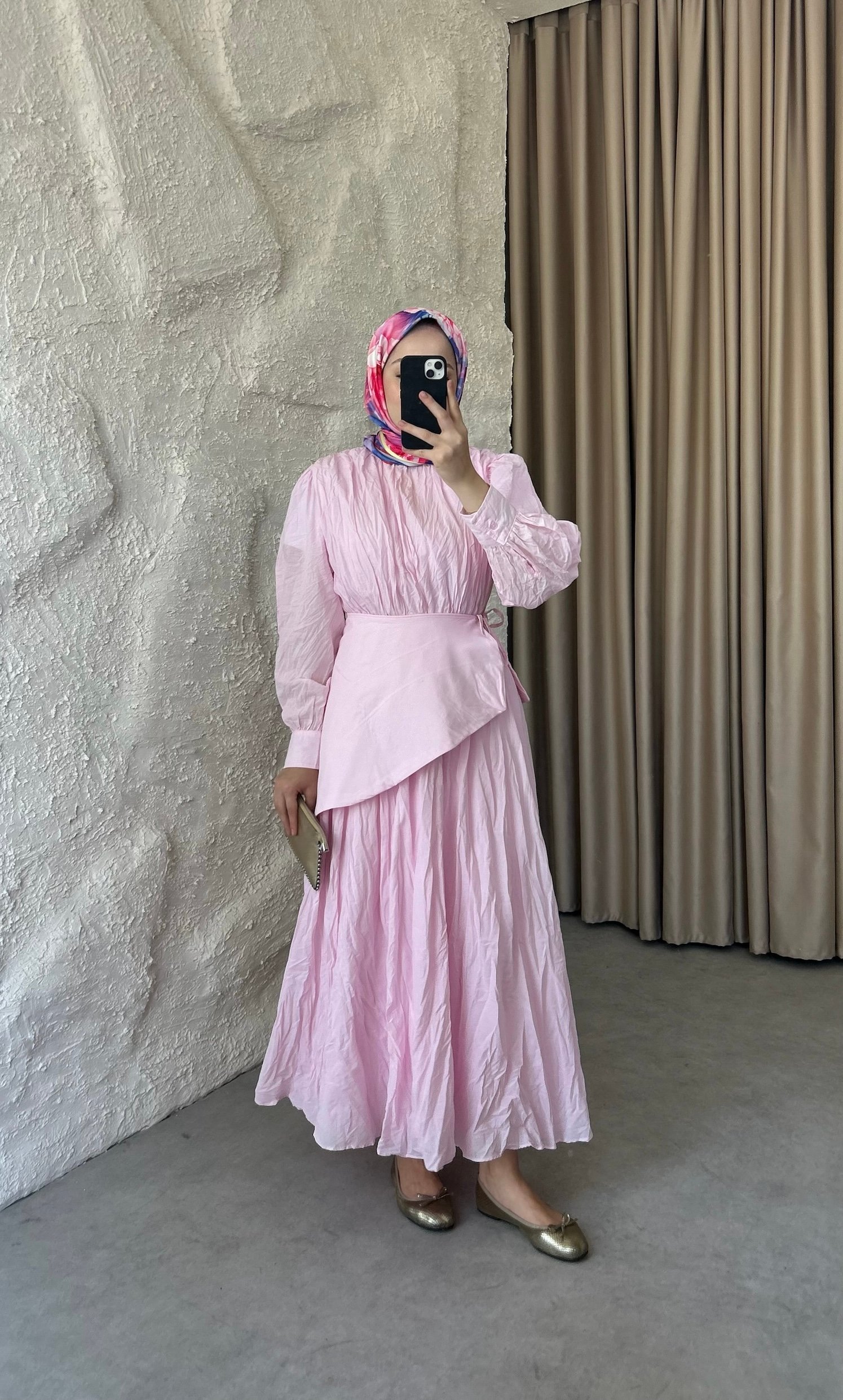 Bel Fularlı Vual Elbise - Pembe