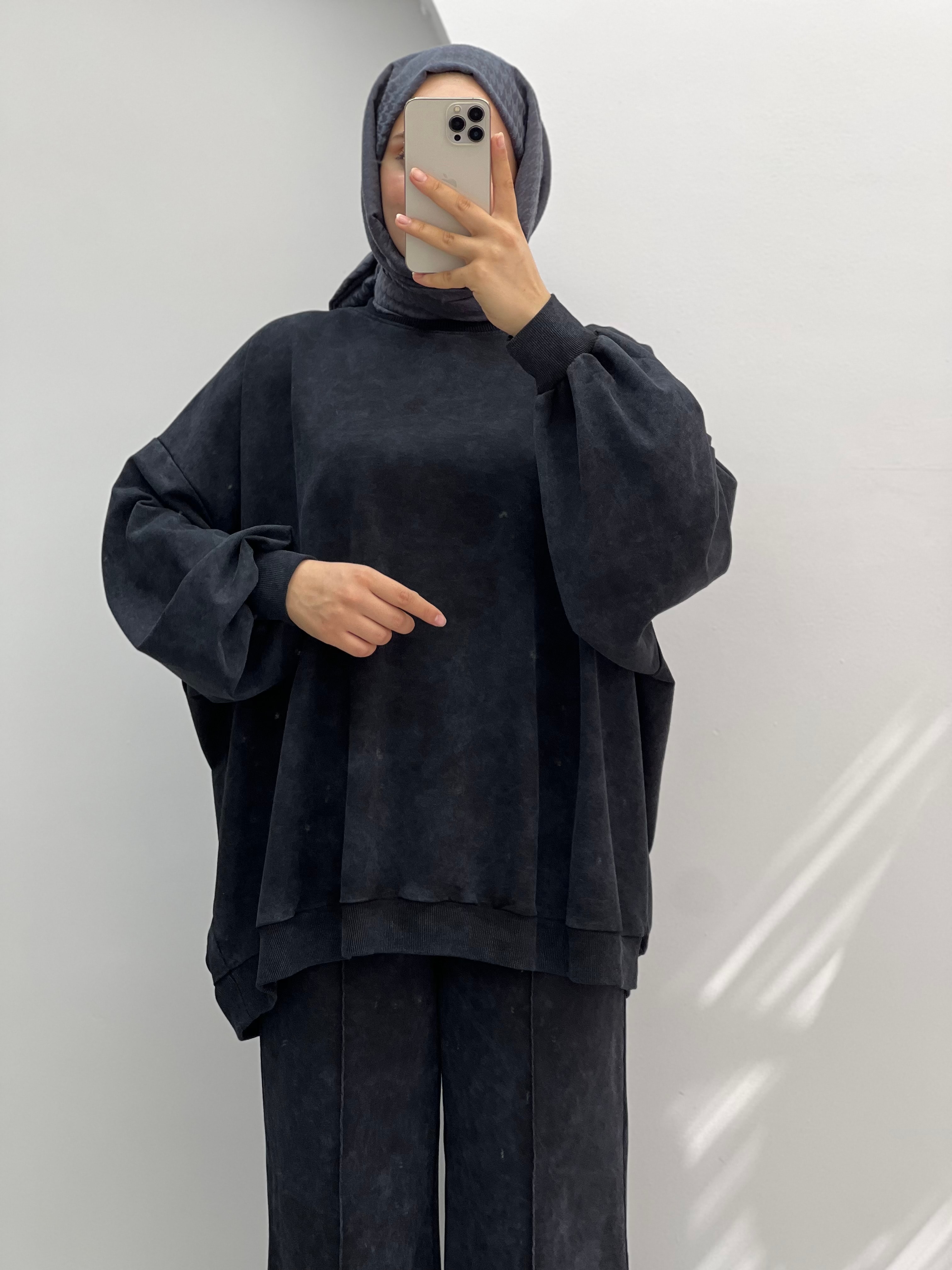 Batik Desen Oversize Pantolonlu Takım Antrasit