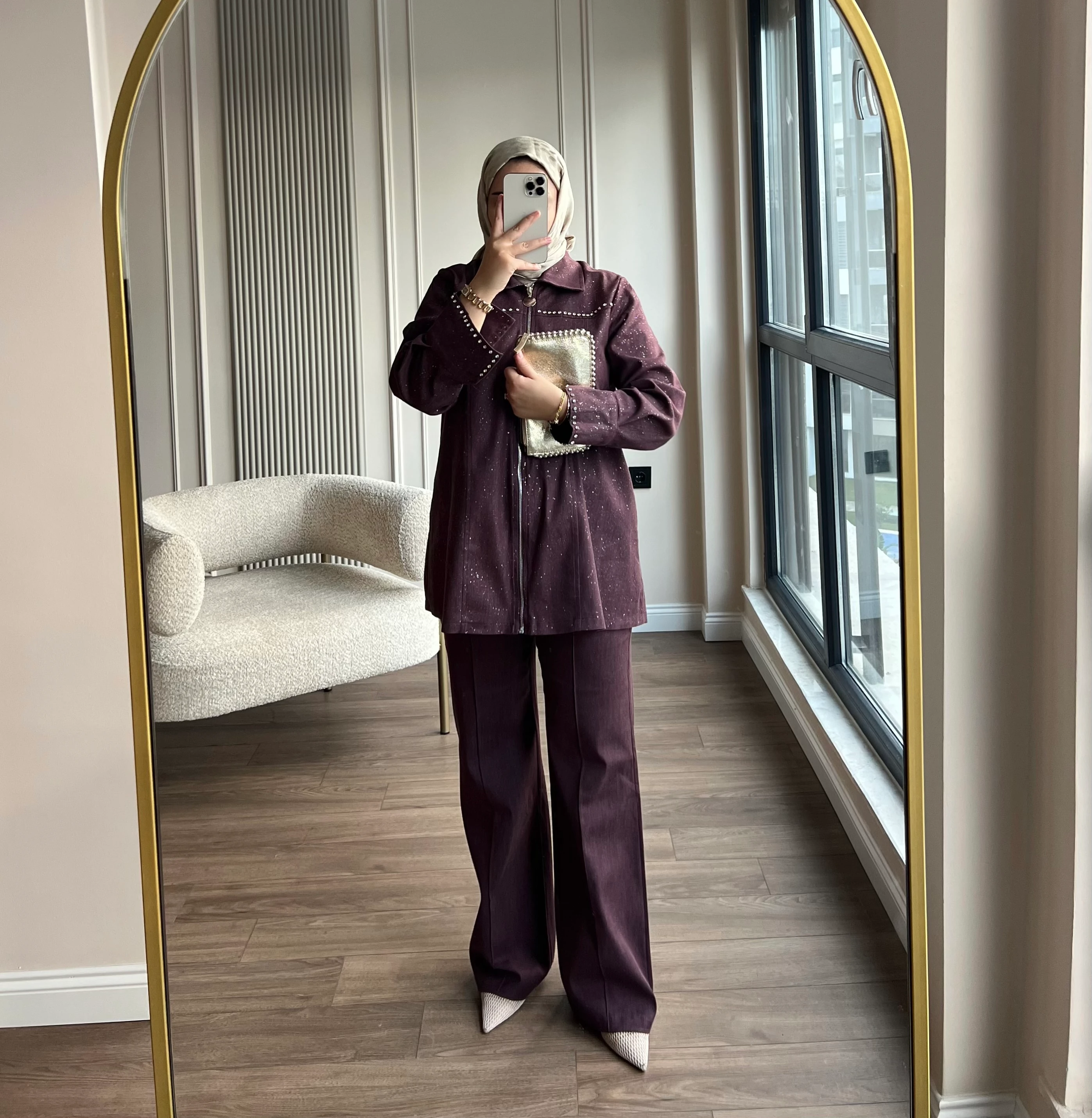 Taşlı Kot Takım Bordo 