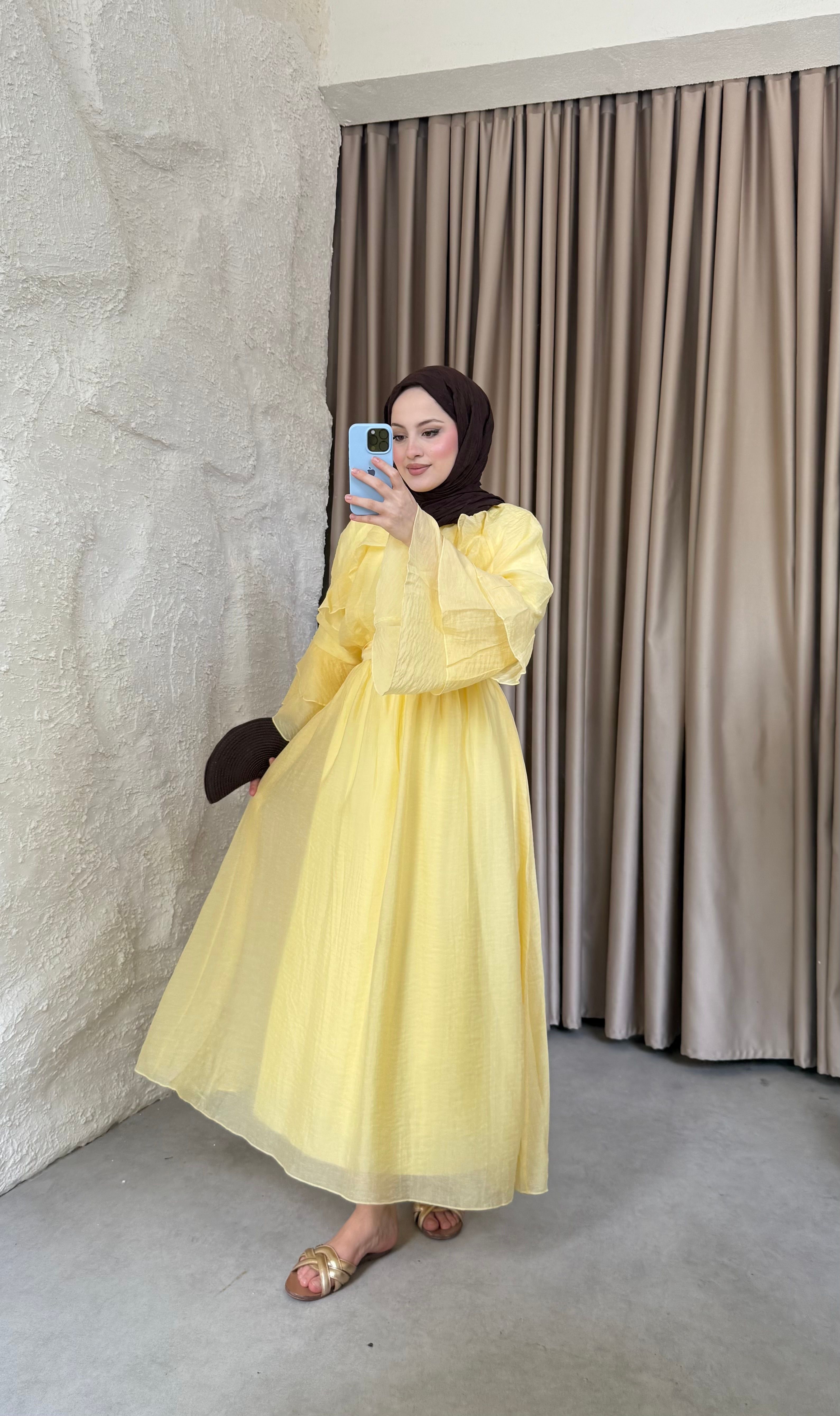 Kolları Volanlı Modal Tül Elbise Butteryellow 