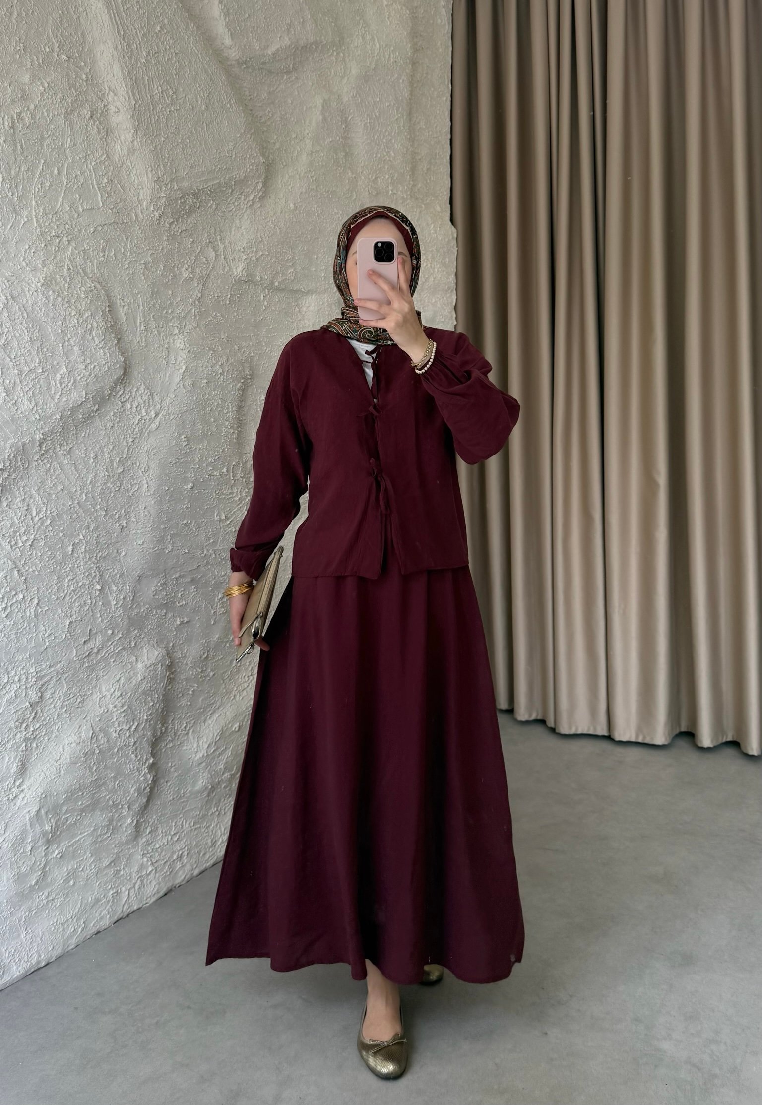 Önden Bağlamalı Etekli Takım - Bordo