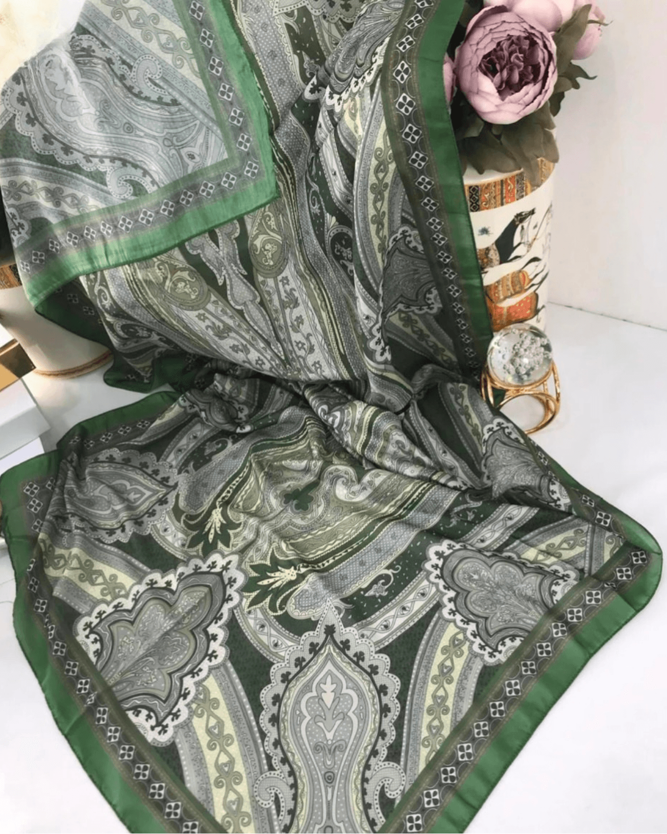 Etro Desen Açık Yeşil Pamuk İpek Şal