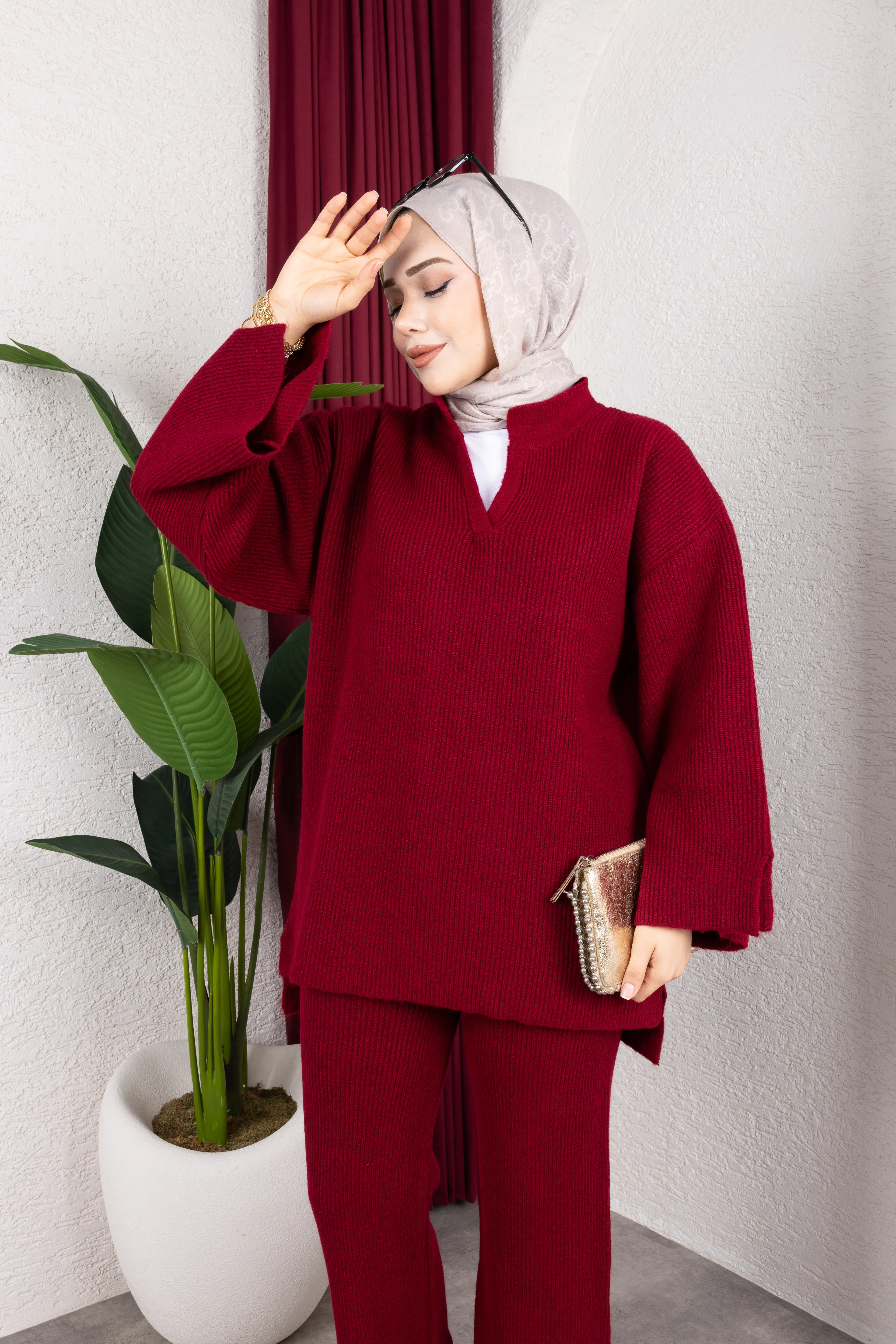 V Yaka Premıum Pantolonlu Takım Bordo