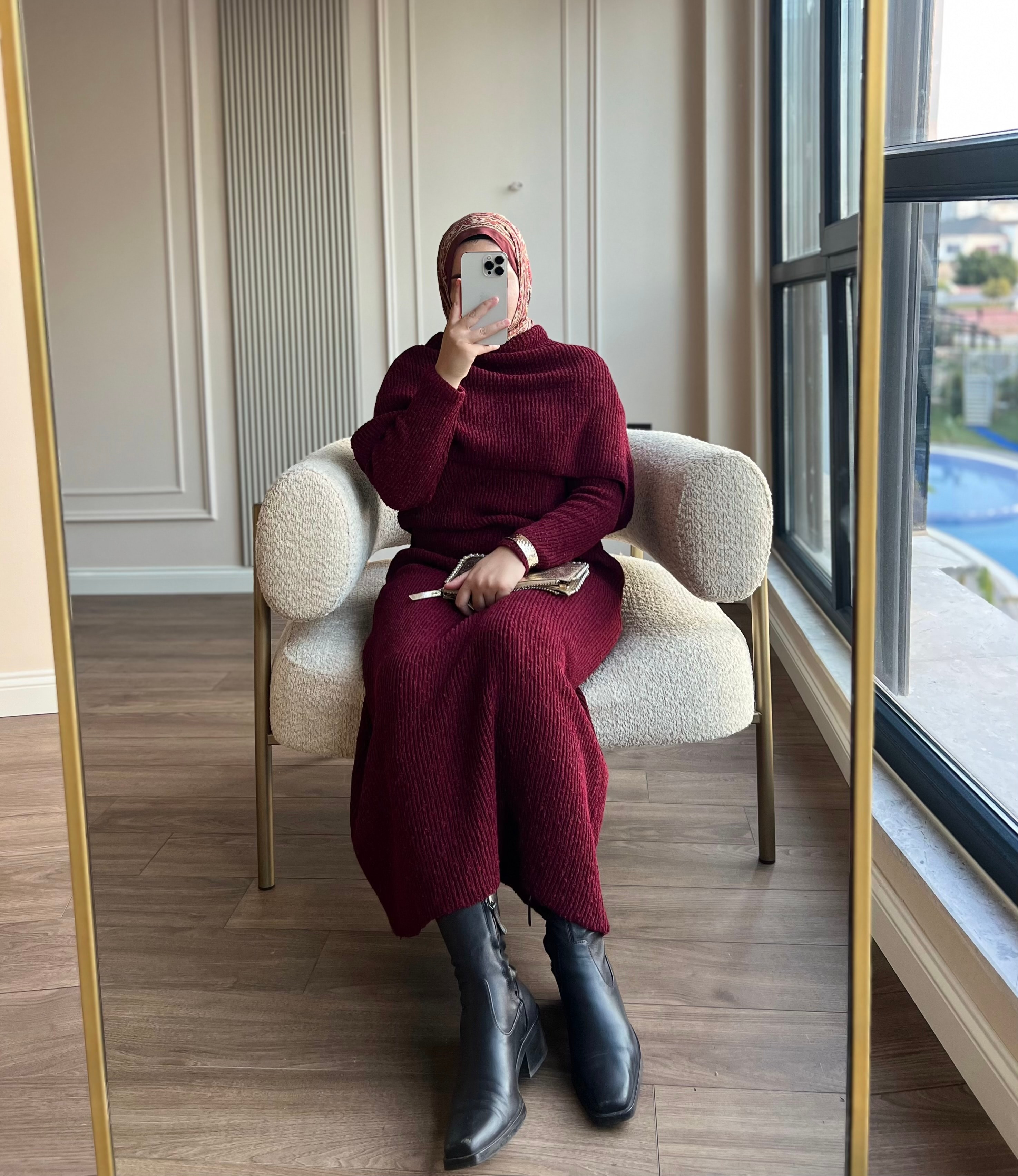 Pelerinli Triko Elbise Bordo